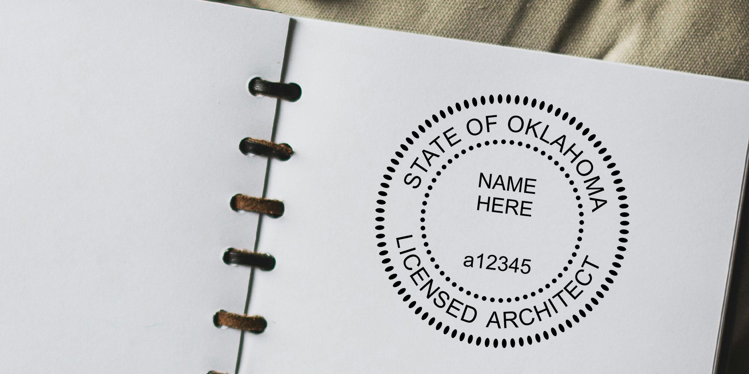 Open notebook page with State of Oklahoma licensed architect seal and placeholder name a12345 on a white document template
