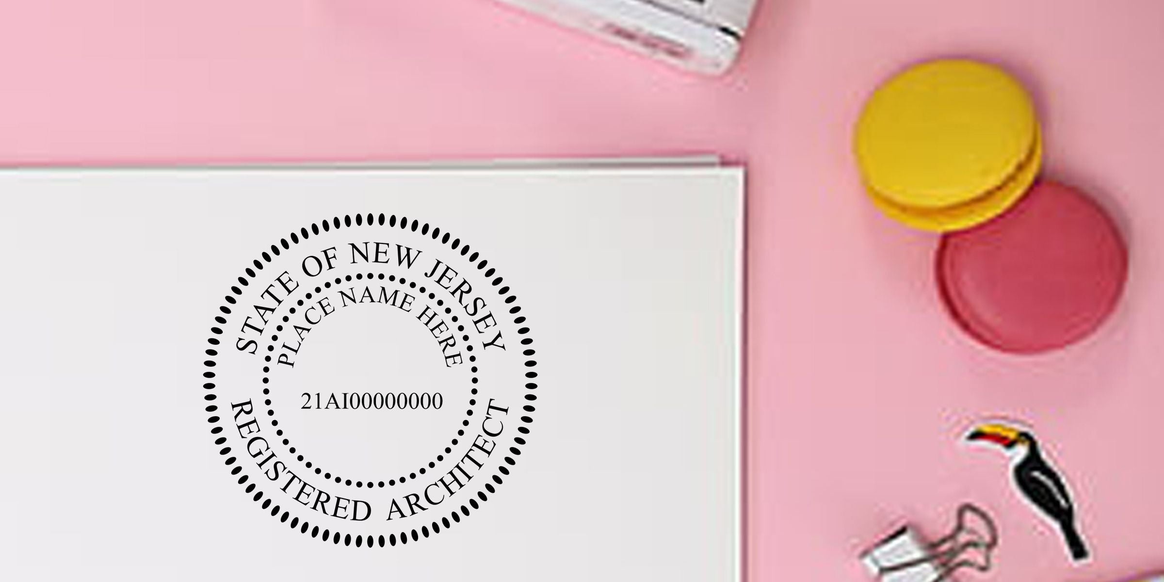 Blank New Jersey registered architect seal template on white paper with pink background and colorful paper clips