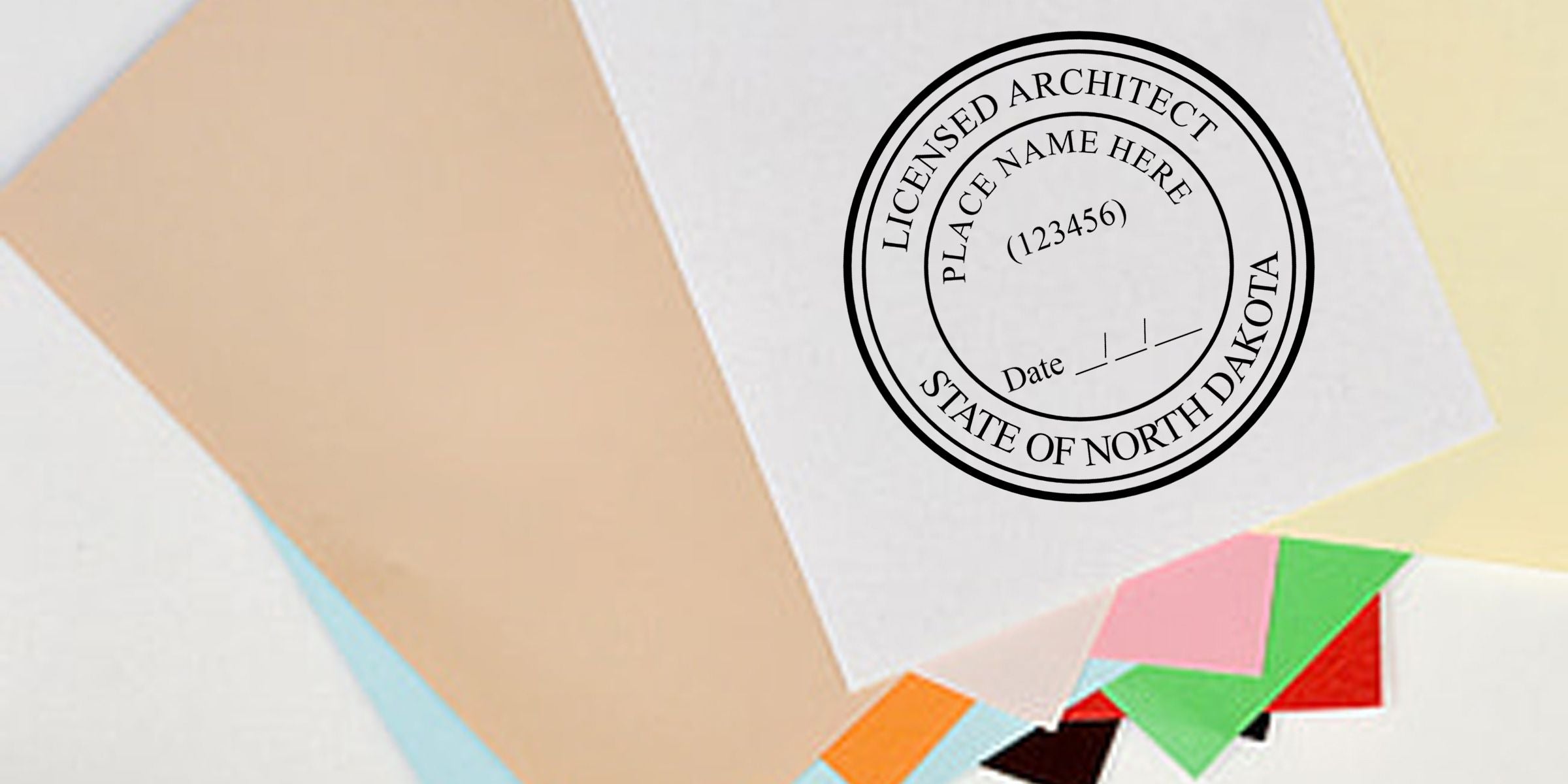 Licensed Architect State of North Dakota seal on official documents with colorful paper background