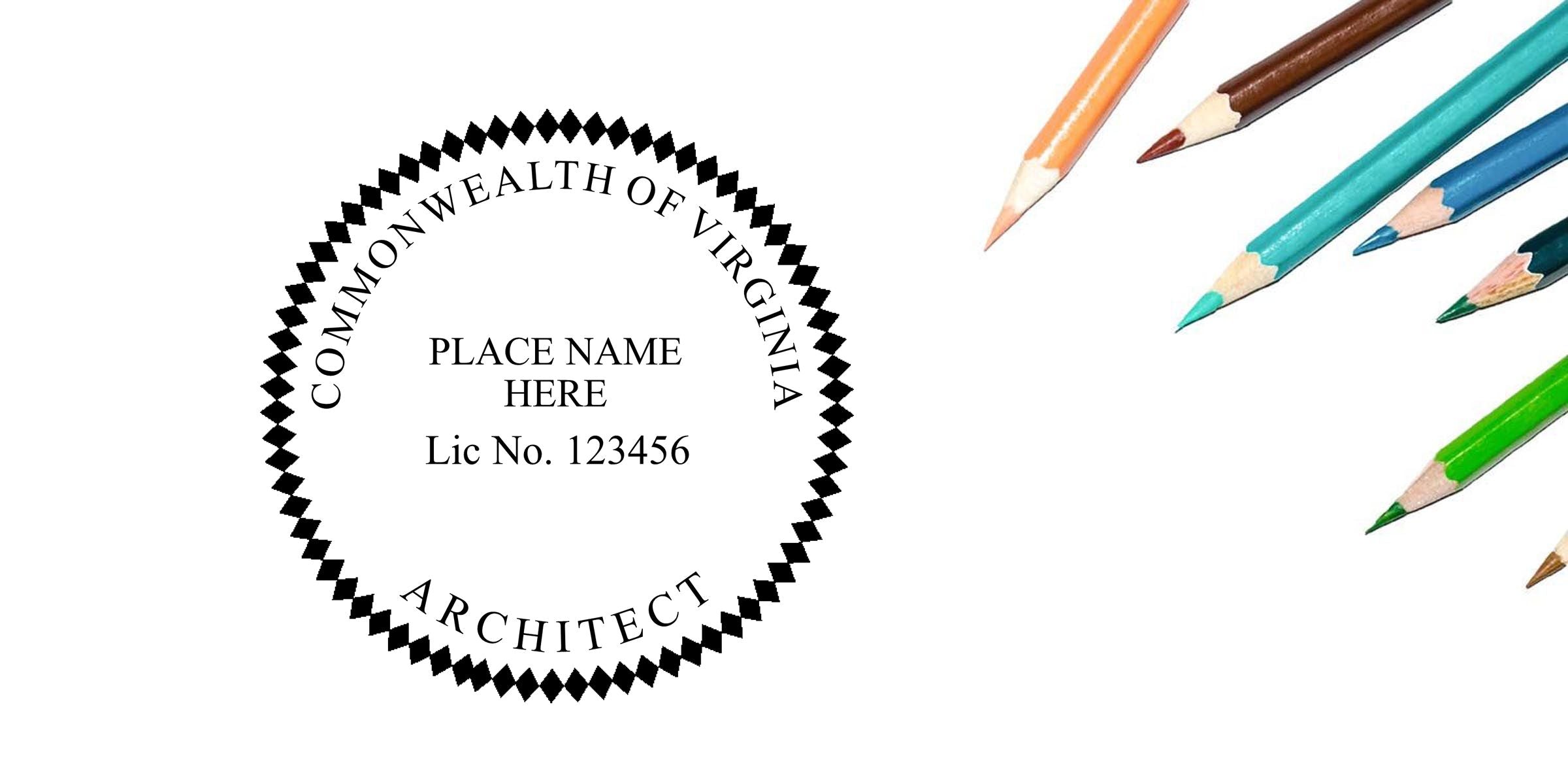 Commonwealth of Virginia architect seal template with place name and license number placeholder, surrounded by colored pencils on a white background