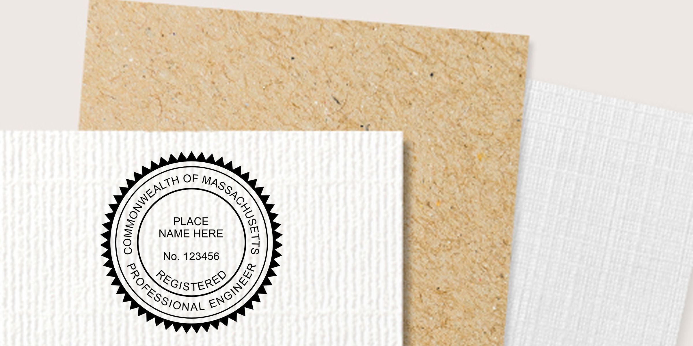 Massachusetts Professional Engineer registered seal on textured paper samples with embossed custom stamp design and placeholder license number