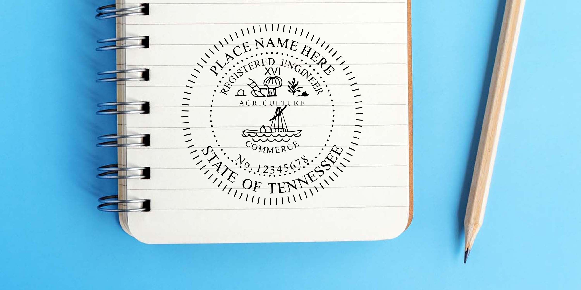 Tennessee state seal logo on a spiral notebook with pencil on a blue background, featuring “Place Name Here” and “State of Tennessee” text.