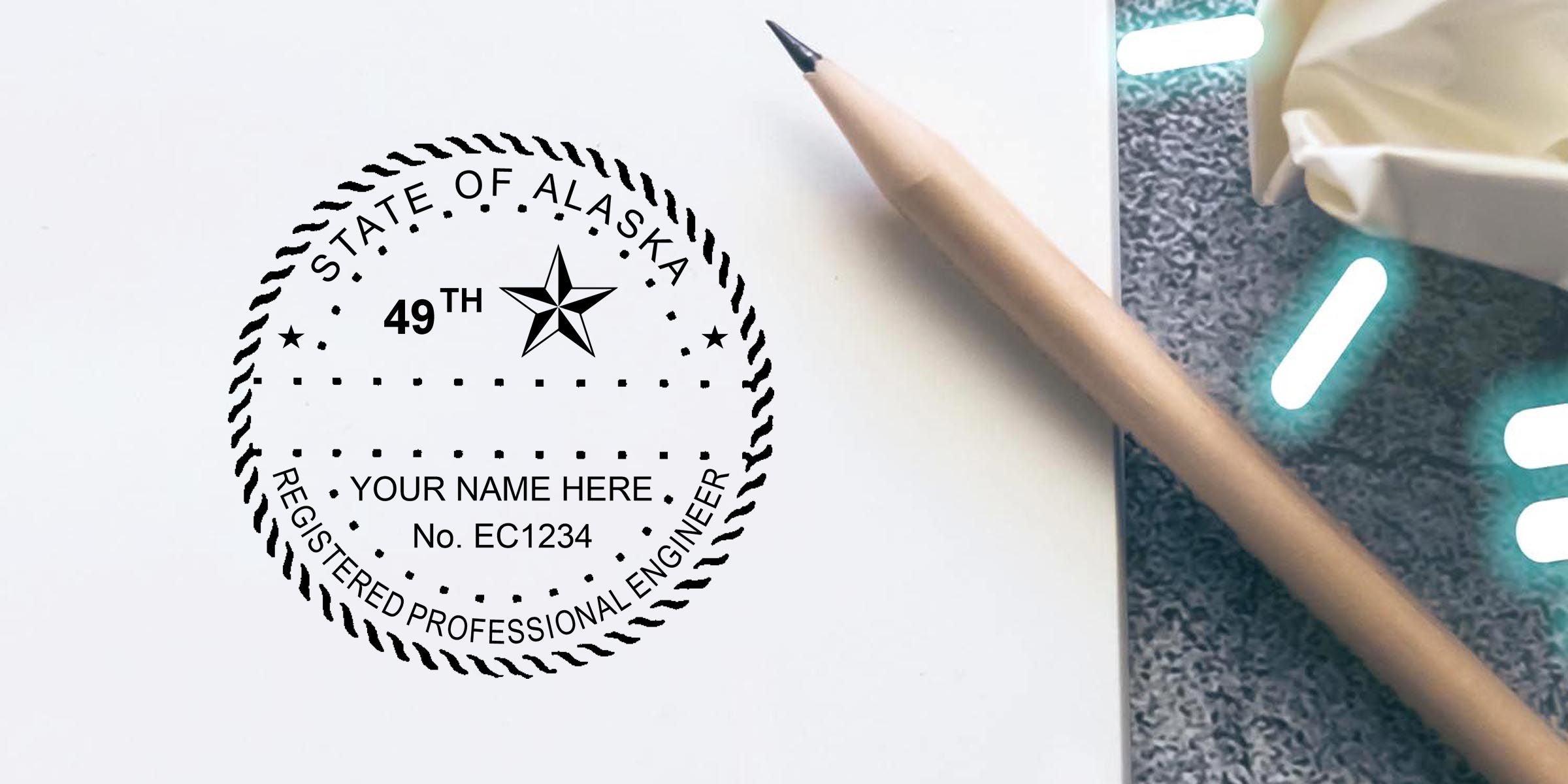Alaska Registered Professional Engineer seal stamp template with “State of Alaska 49th” text, pencil, and signature space on white paper