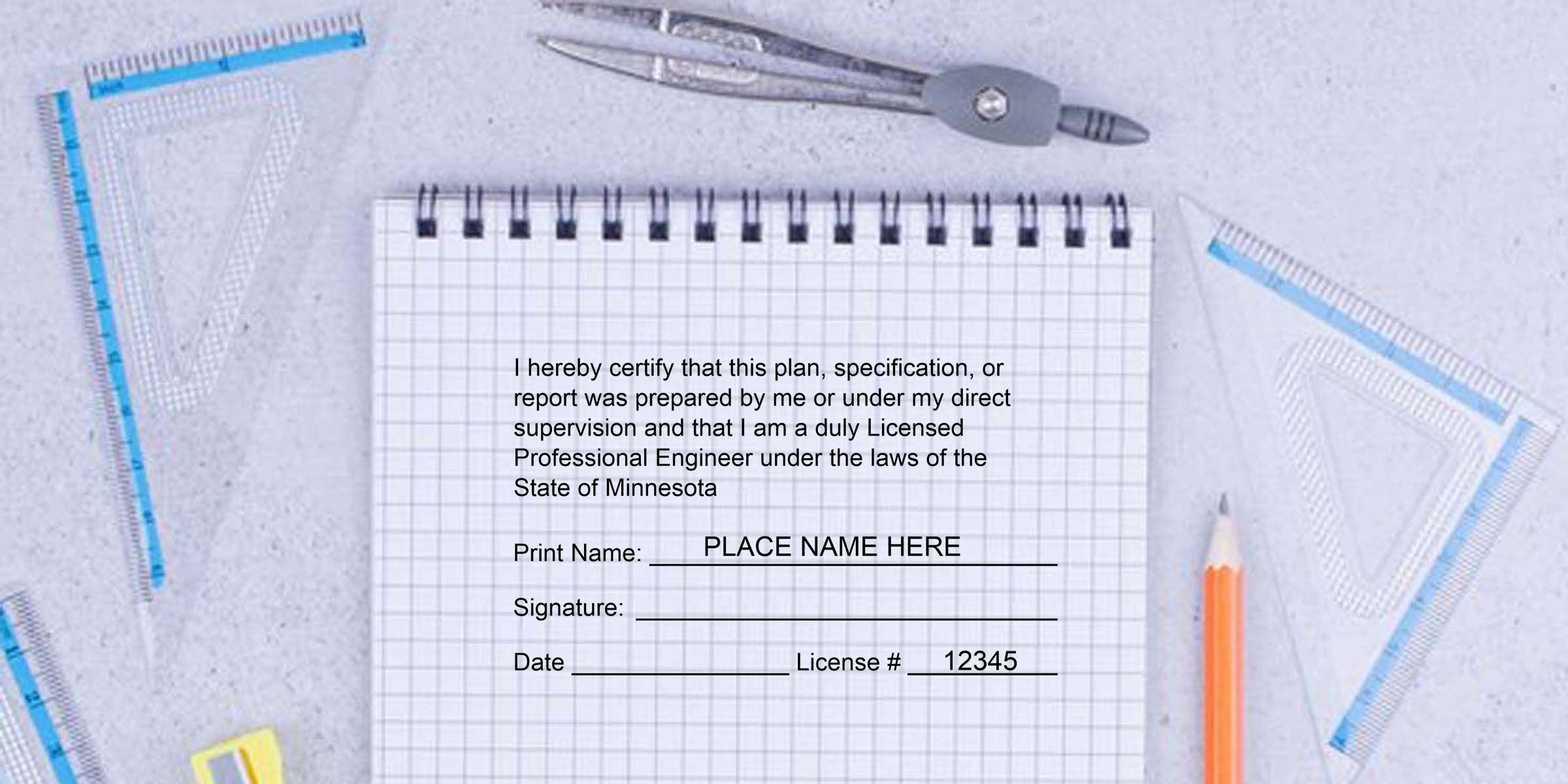Professional engineer certification form on graph paper notebook with drafting compass, pencils, and triangle rulers for technical drawing and engineering documentation