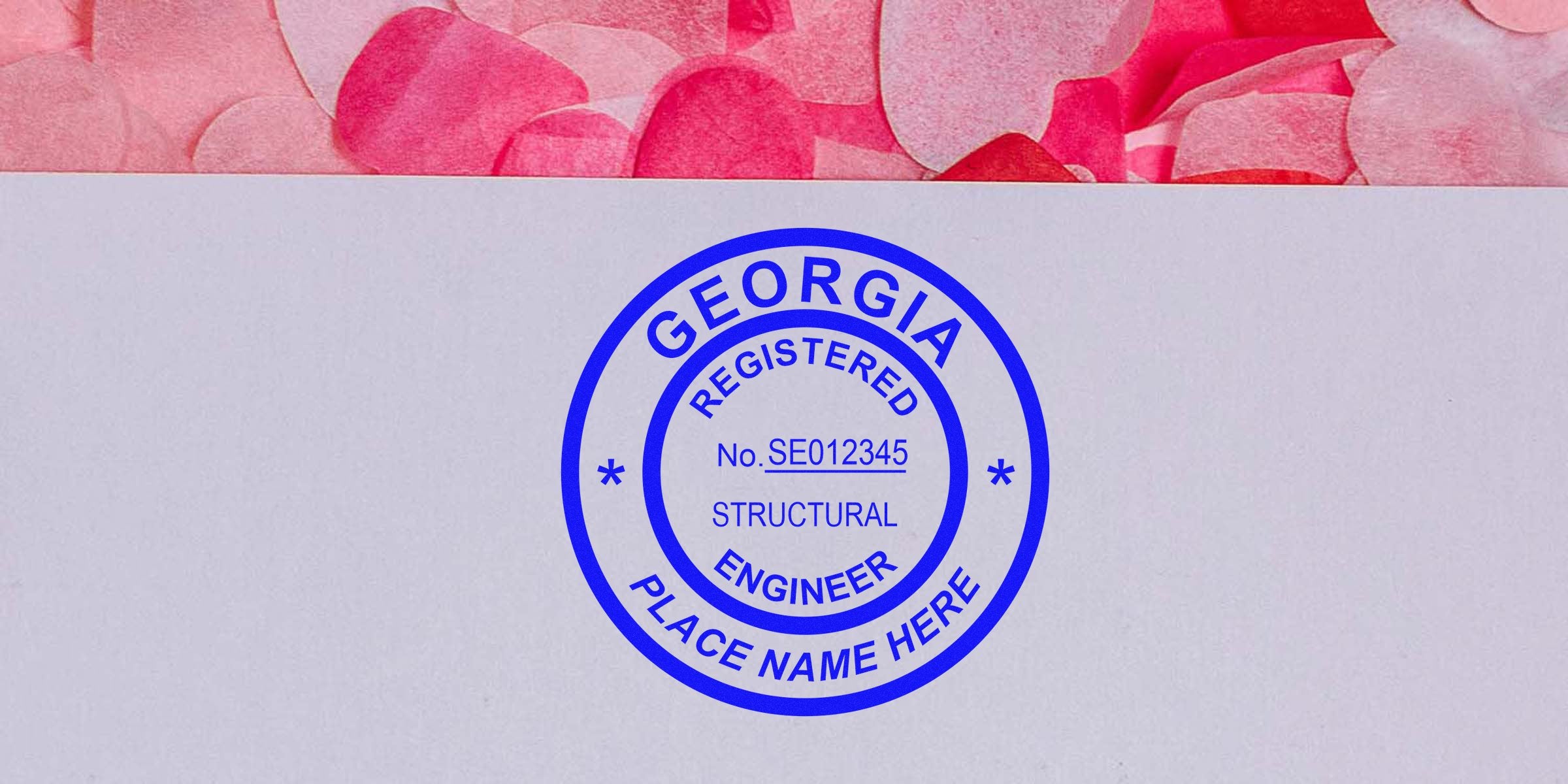Georgia engineer stamp design with registered structural engineer mark on paper, set against a heart-shaped confetti background, highlighting Georgia engineer stamp templates.