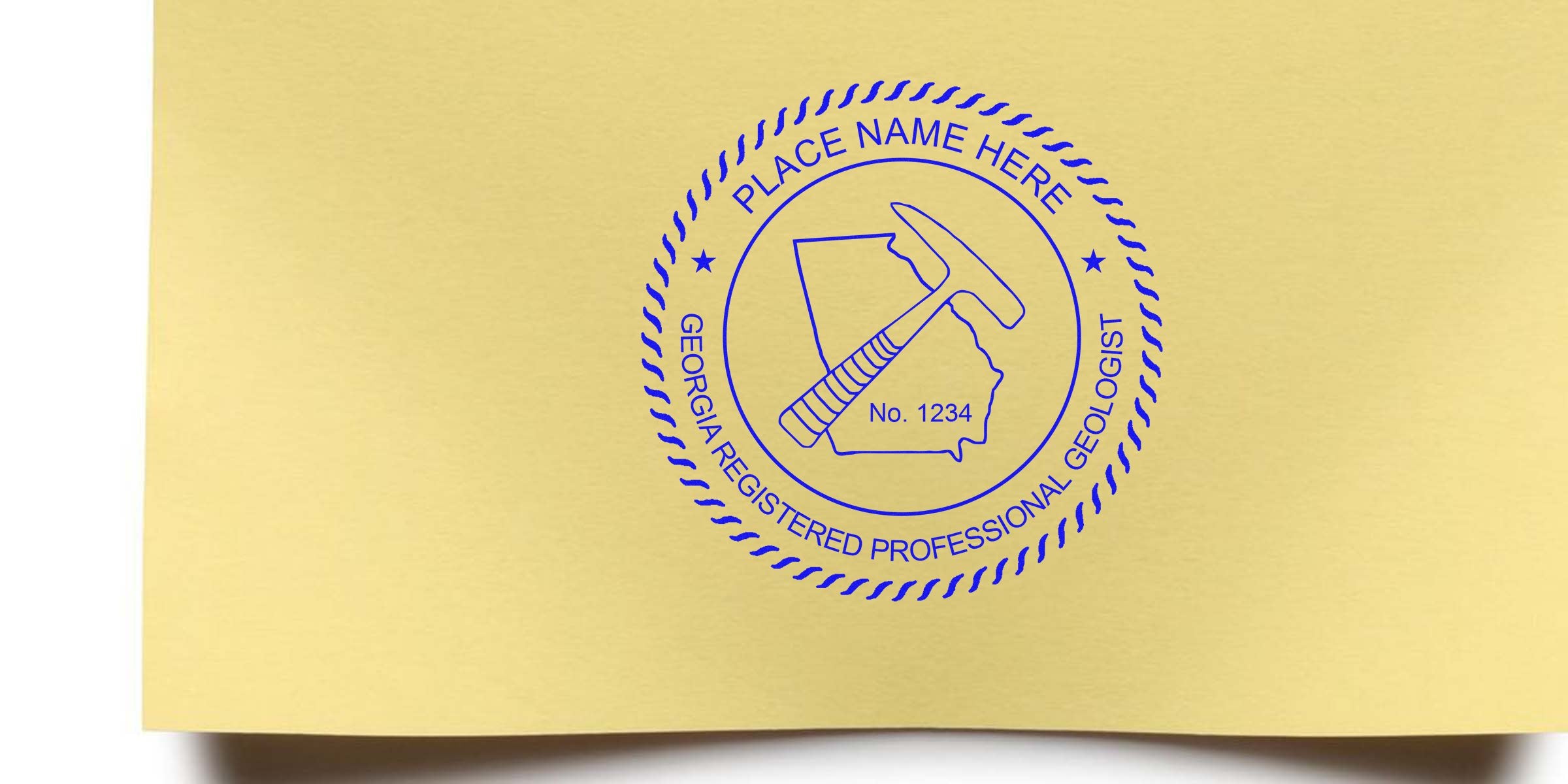 Georgia Geologist Stamp with registered professional seal, rock hammer, and state outline on yellow paper, showcasing Geologist Stamp Cost.