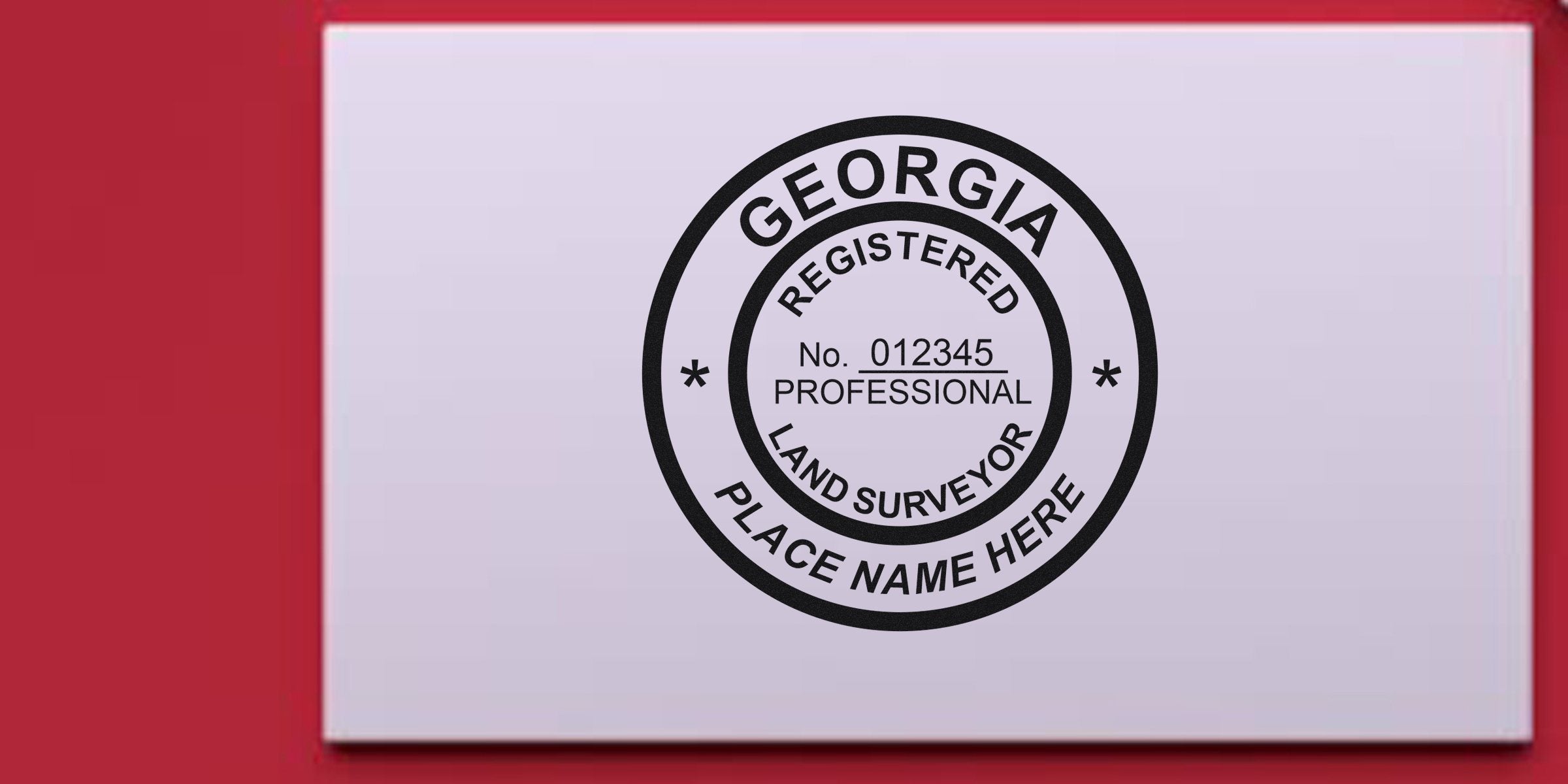 Georgia land surveyor stamp on white paper with red background, emphasizing the stamp and licensing requirements for land surveyors in Georgia.