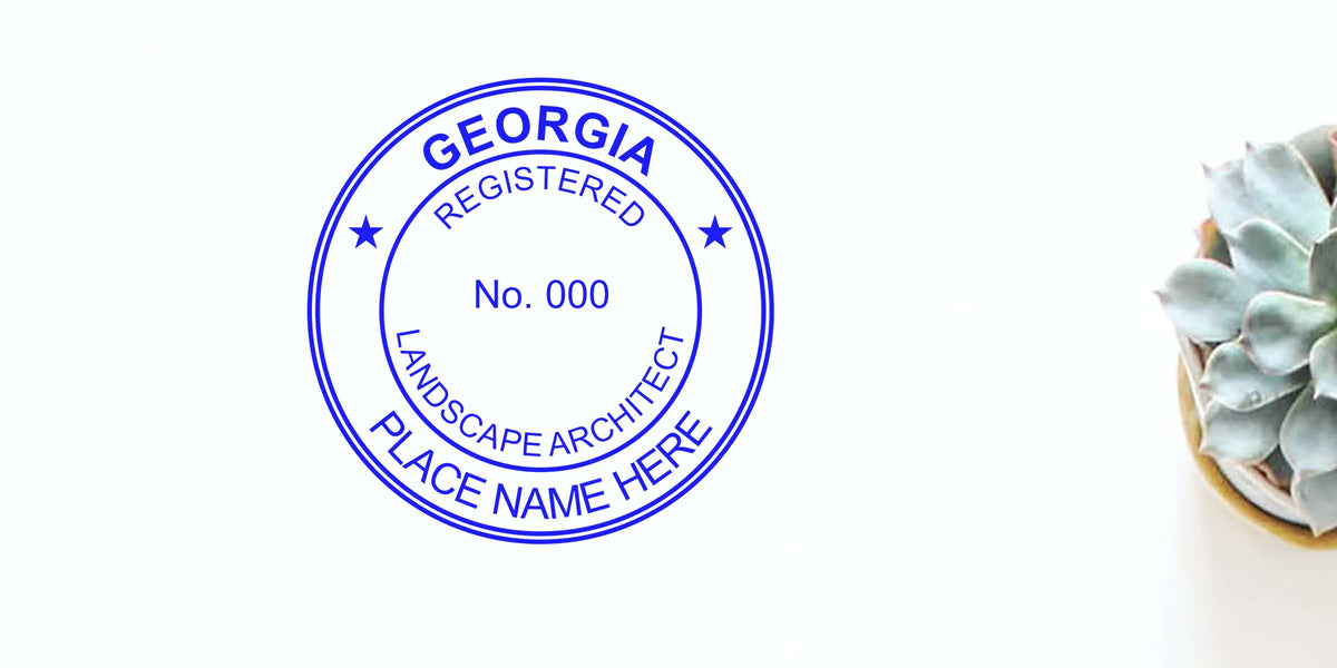 Georgia landscape architect stamp with registered seal and succulent plant on white background; includes tips for buying a landscape architect stamp.