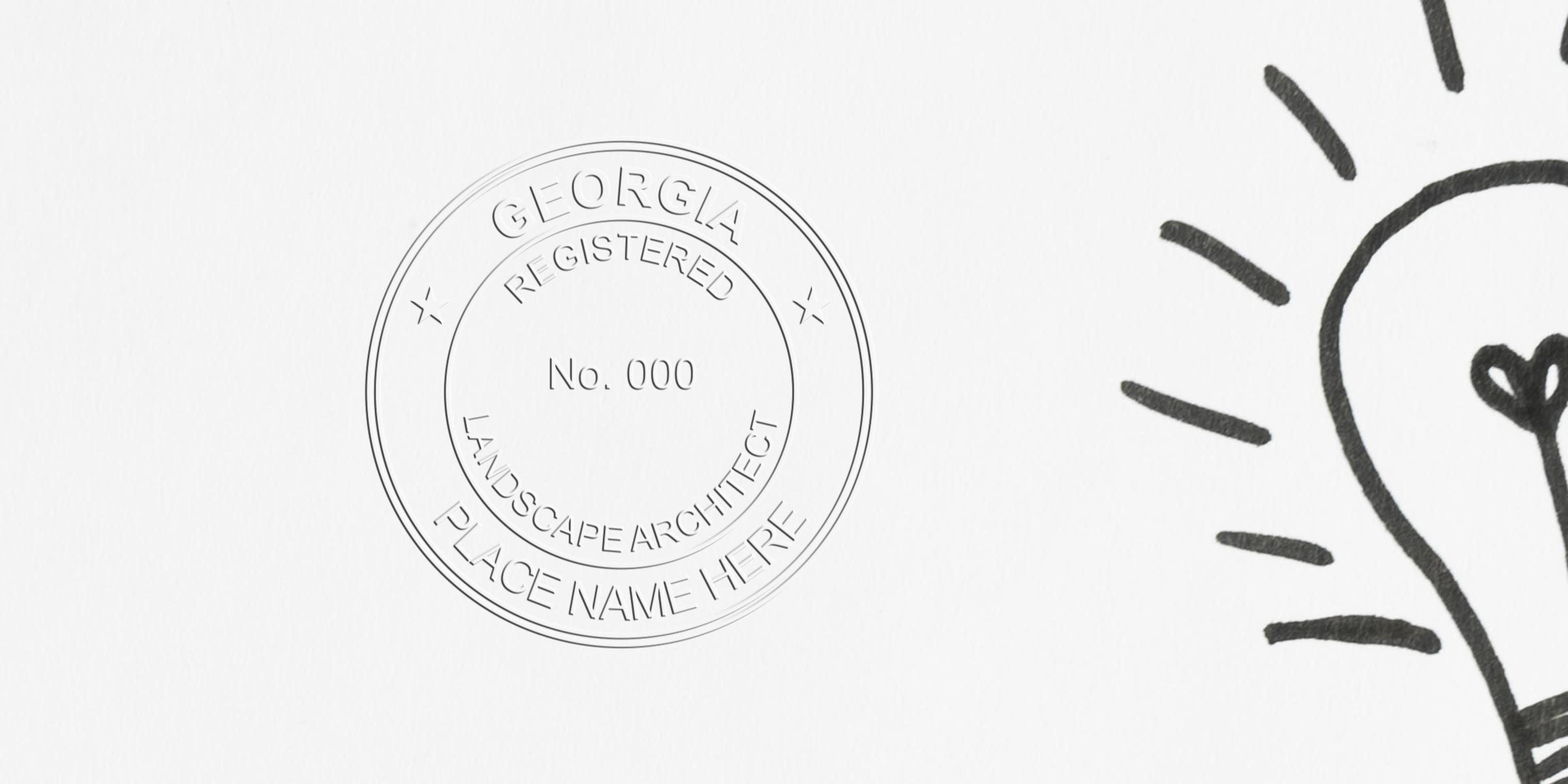 Georgia Landscape Architect Stamp with Official Seal and a light bulb sketch representing creative landscape design ideas.