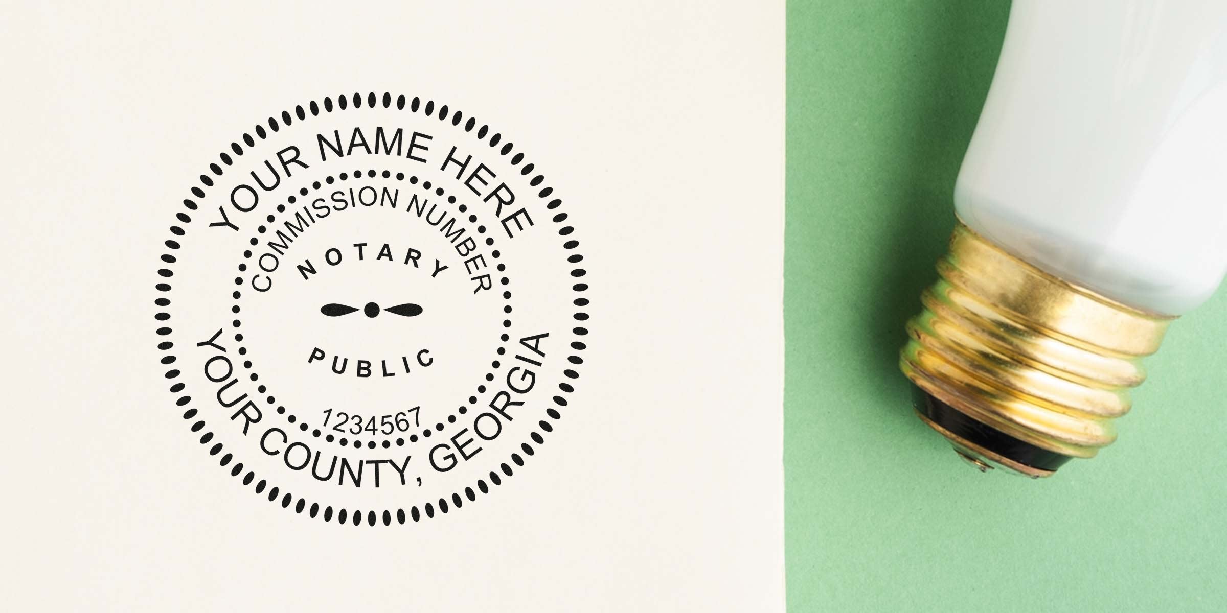 Georgia Notary Supplies with a notary public stamp, commission number, and light bulb on a green background, symbolizing notary public use.