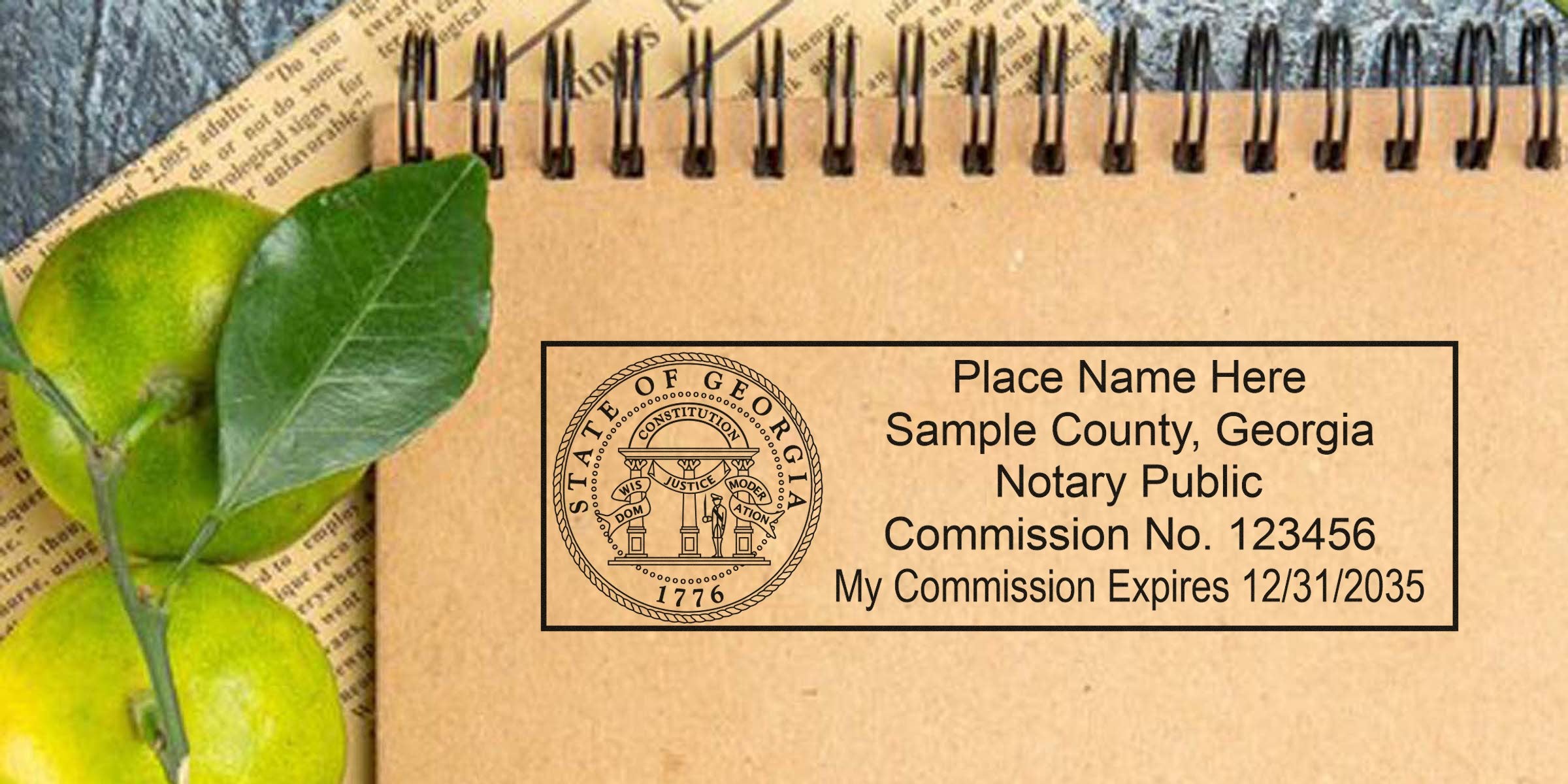 Georgia notary public commission stamp on a notebook with green leaves and vintage paper, showcasing GA notary seal benefits and quality advantages.