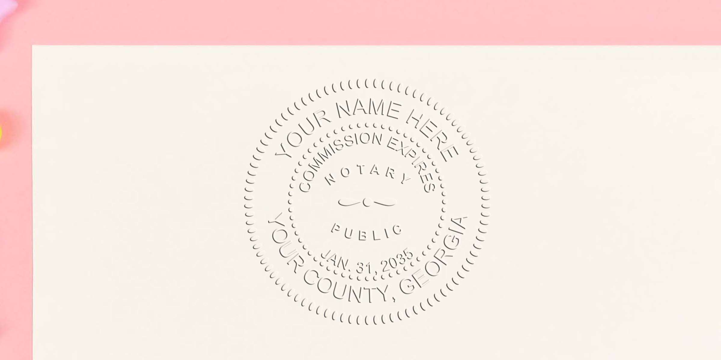 Embossed notary public seal on paper for Georgia county commission expiration, showing Georgia notary stamp renewal and renewal requirements.