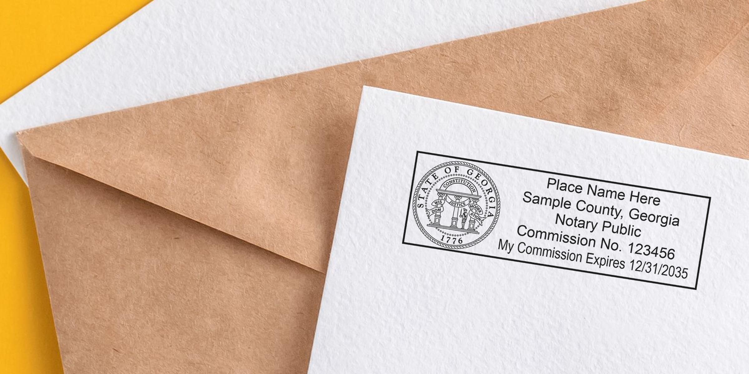Georgia notary seal stamped on white paper with a brown envelope background, meeting all Georgia notary seal requirements.