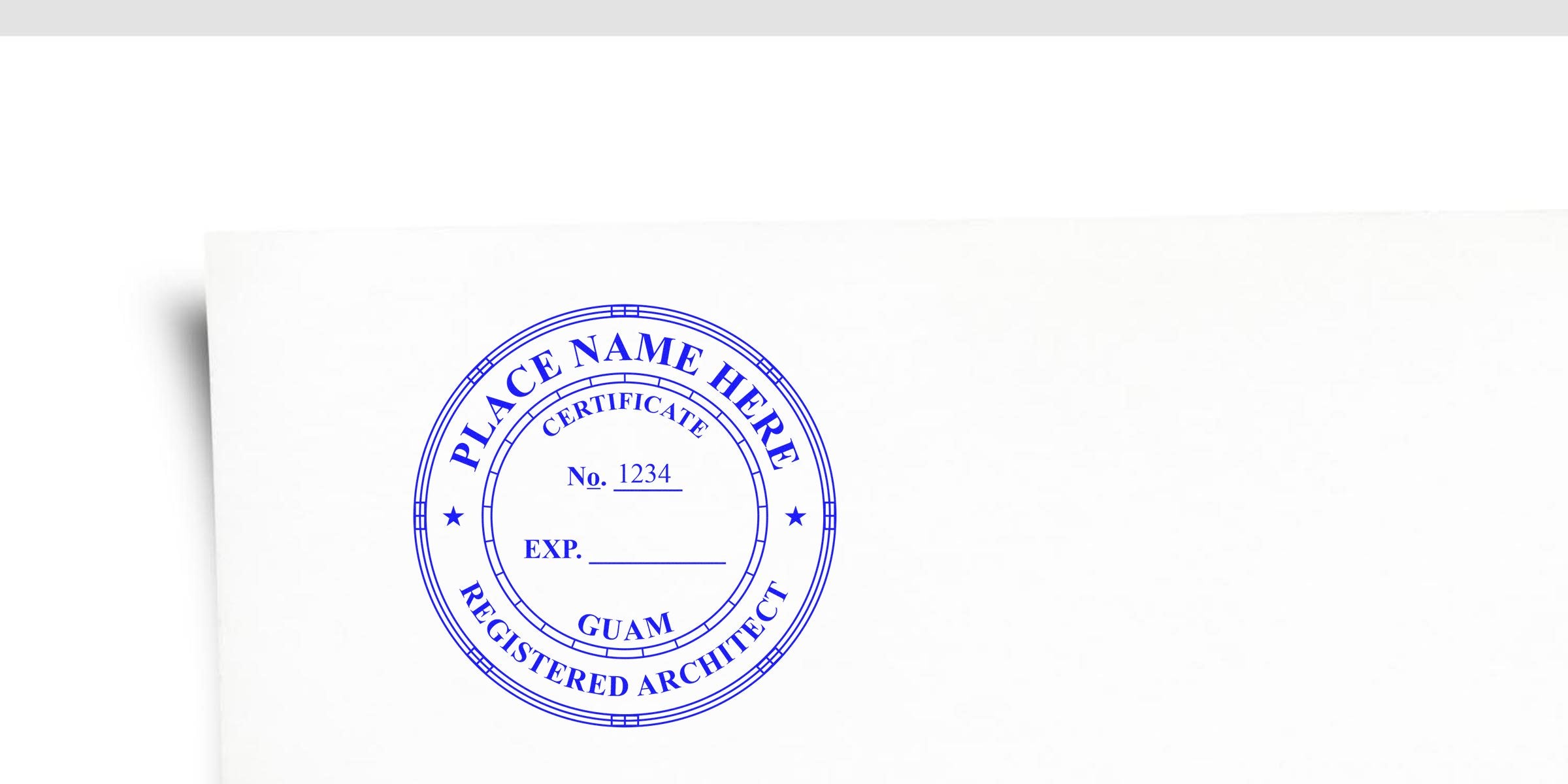 Blue Guam architect stamp on white paper for certification and official approval, available for purchase online.