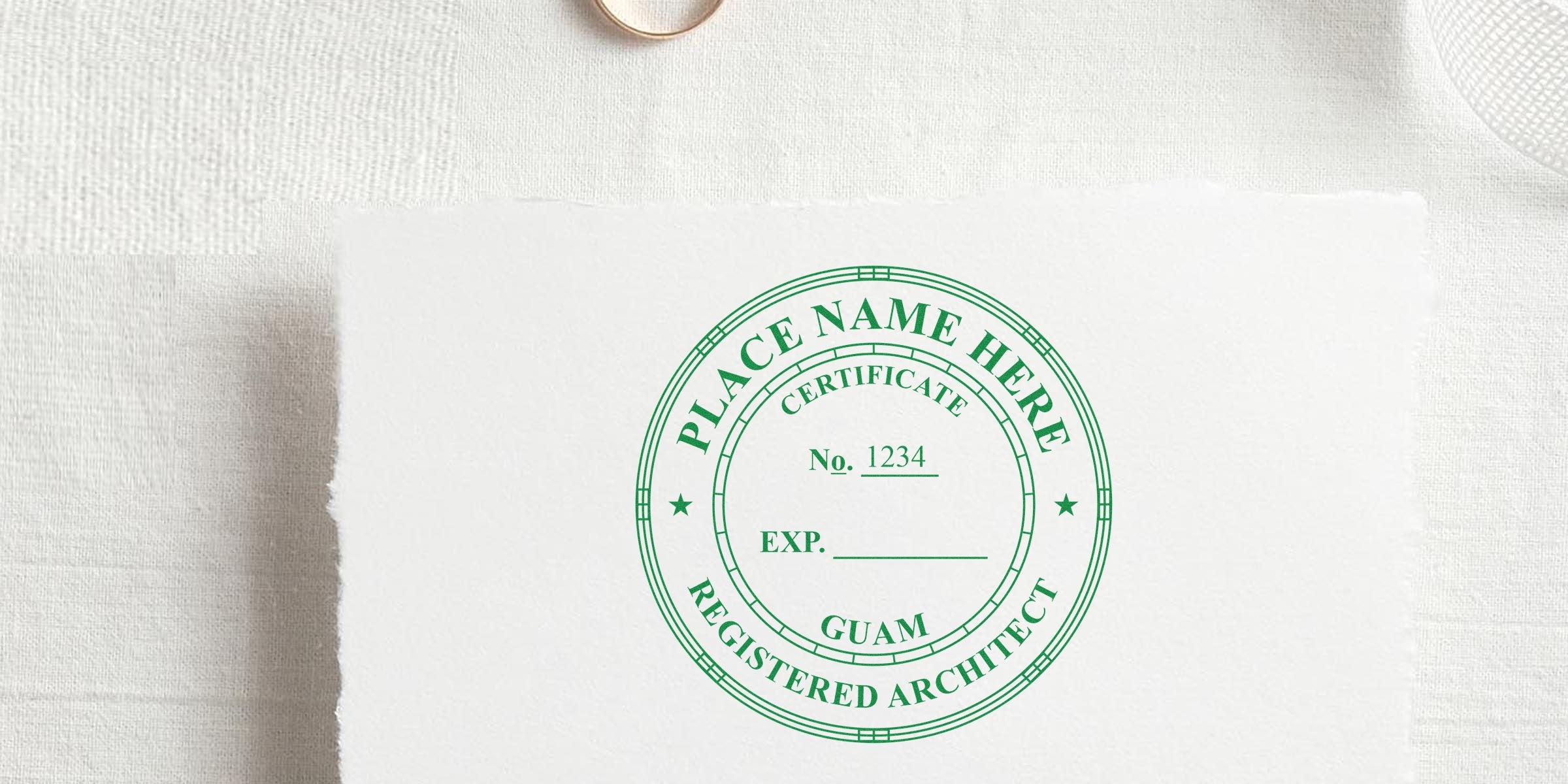 Guam architect stamp on white paper for certification and license verification, available for online purchase.