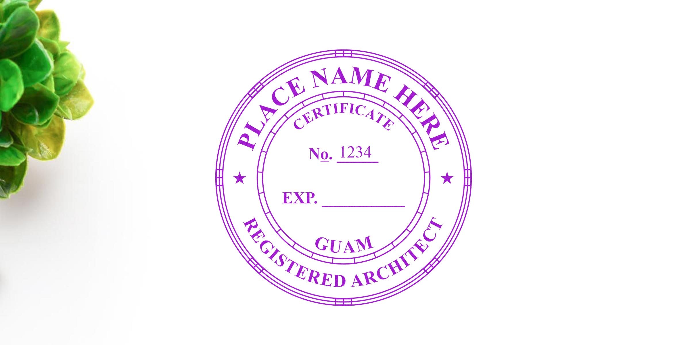 Purple Guam architect seal and impression stamp certificate with expiration date and number on white background next to green plant.