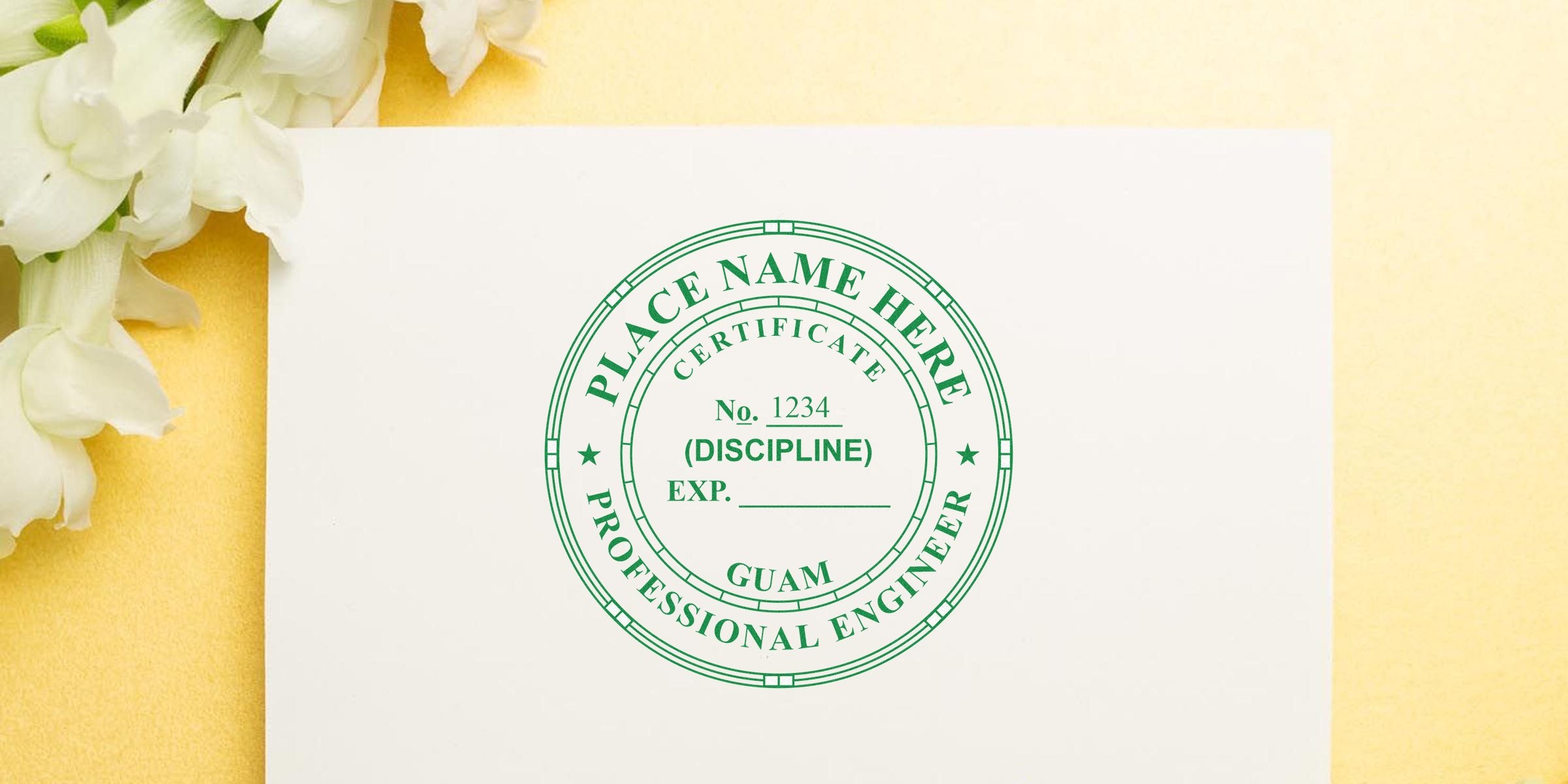 Guam PE Stamp certificate seal on white paper with white flowers and yellow background showcasing the Guam professional engineer PE Stamp design.