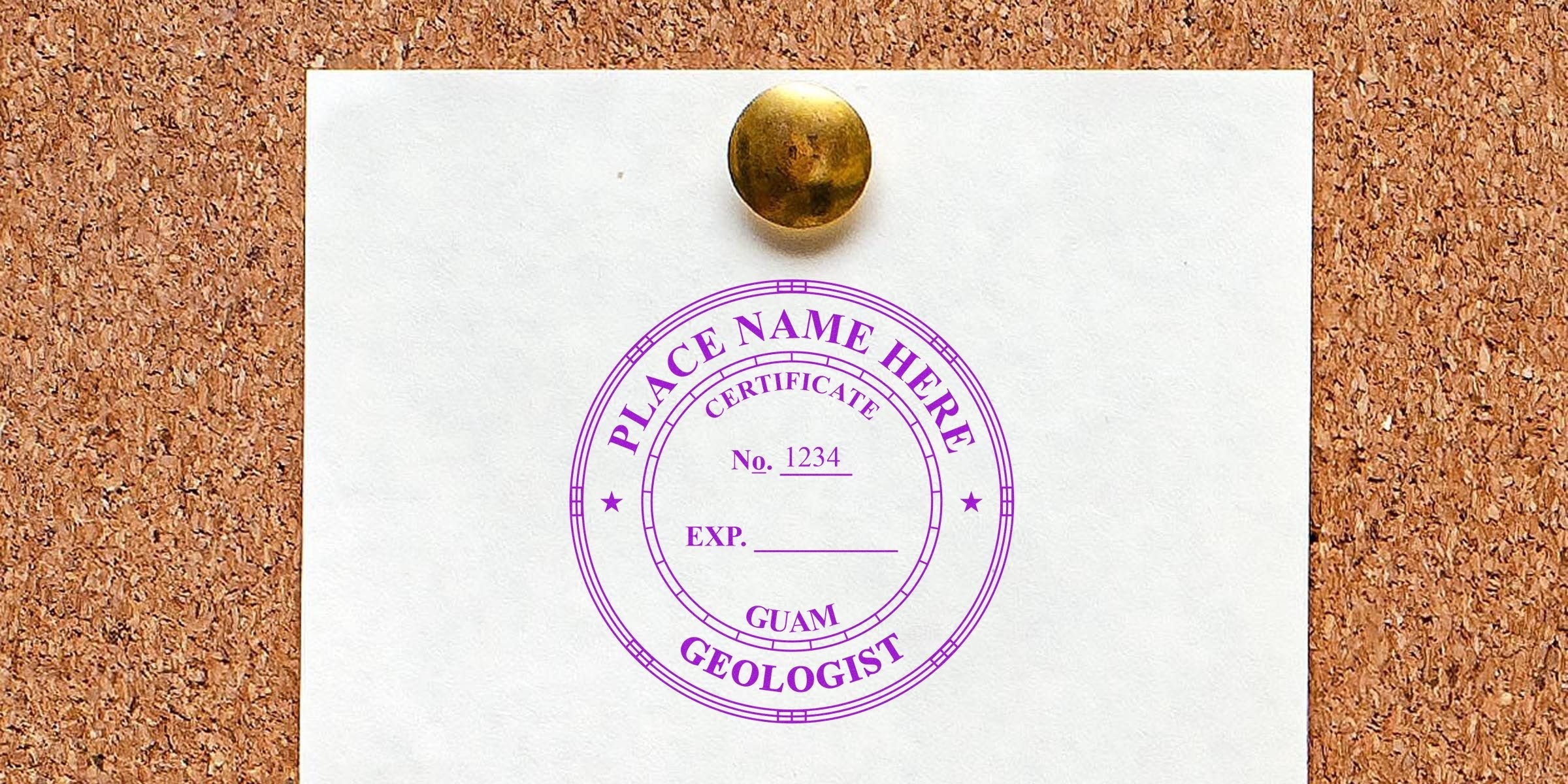 Purple geologist certification stamp from Guam pinned to corkboard, part of a geologist stamp collection on white paper.
