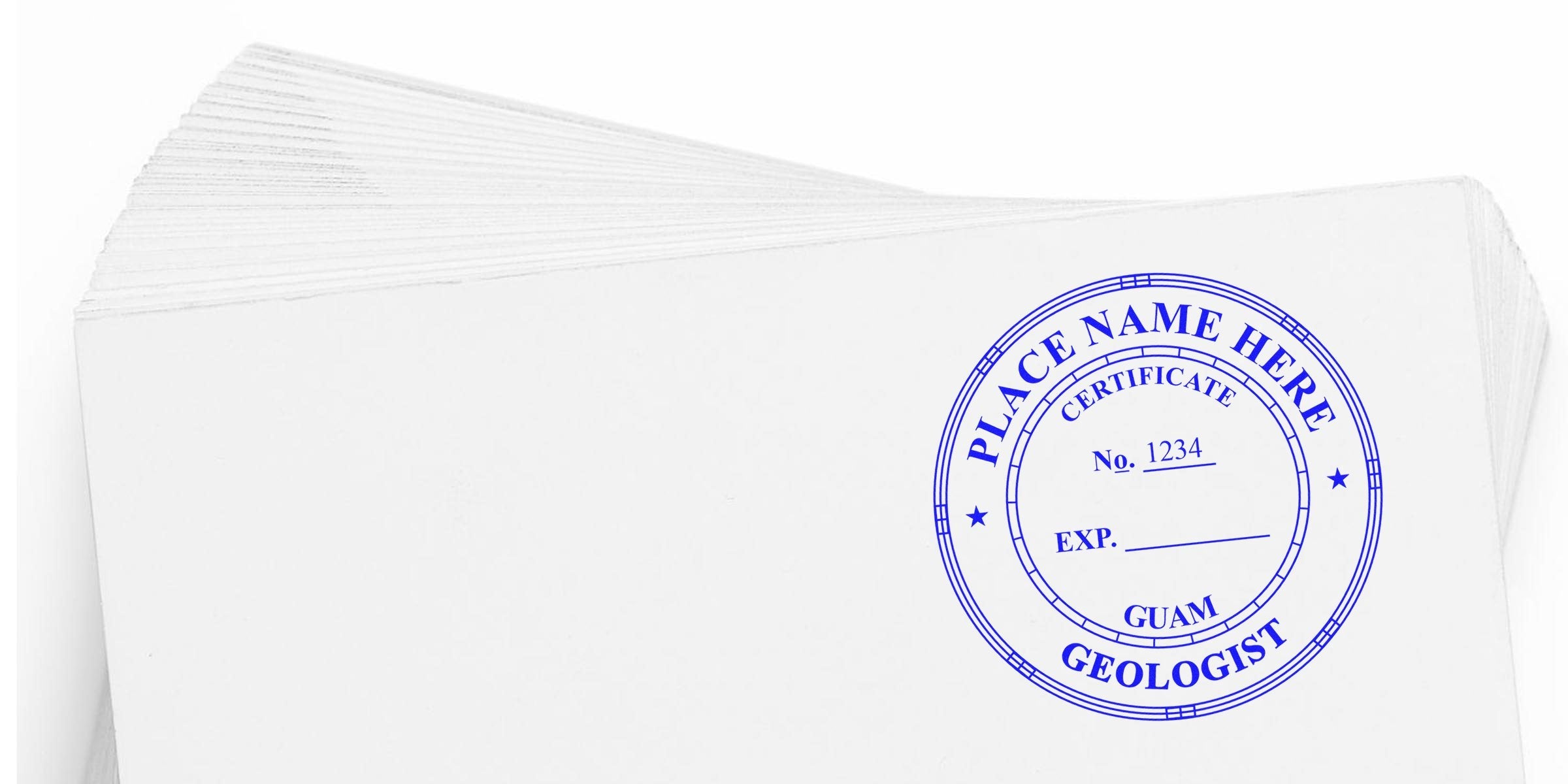 Custom Guam Geologist Seal in blue on white paper stack for professional certification and credentials.