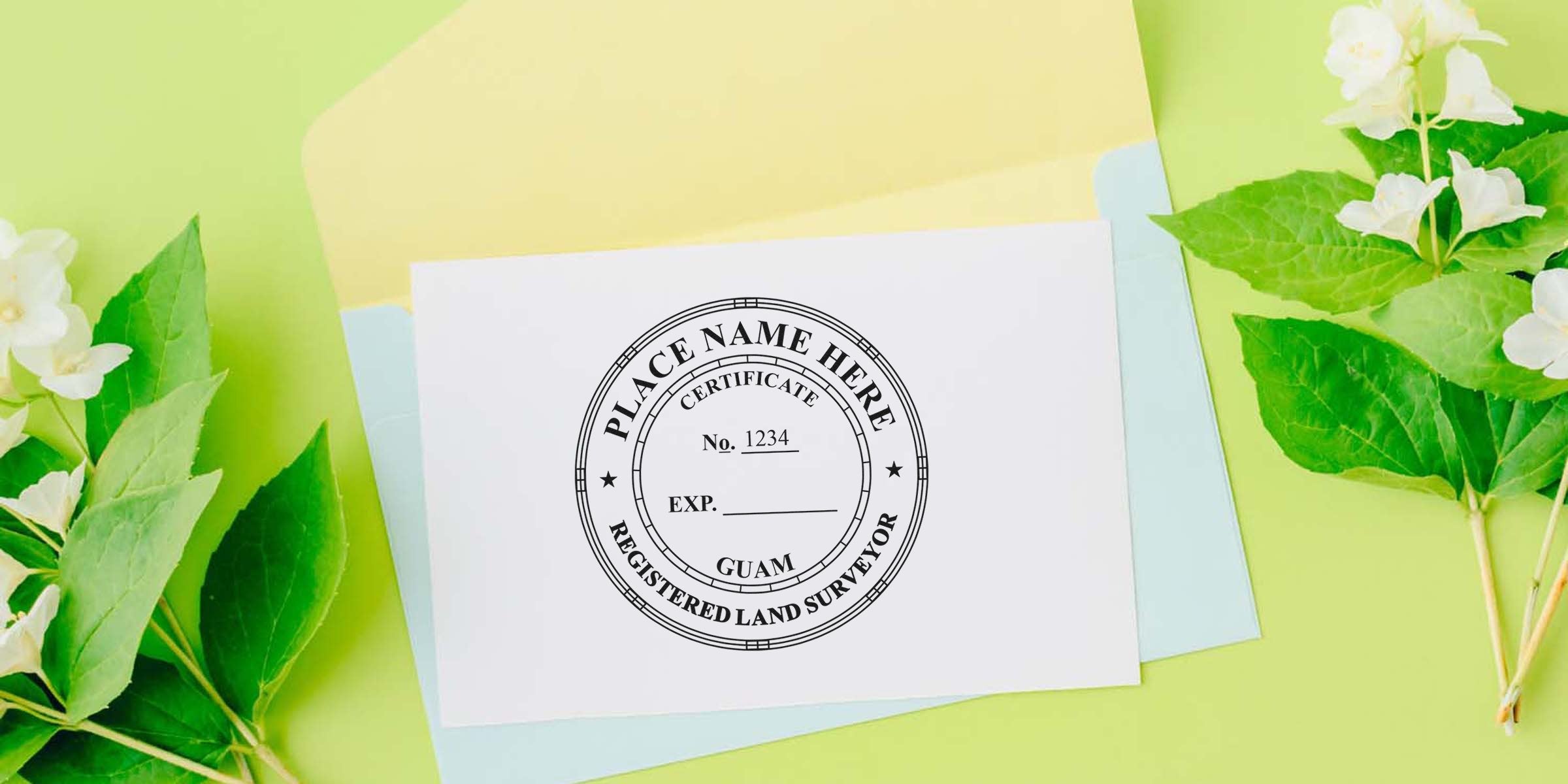 Registered land surveyor certificate stamp on white card with Guam seals, surrounded by green leaves and pastel envelopes, displaying land surveyor seal examples.