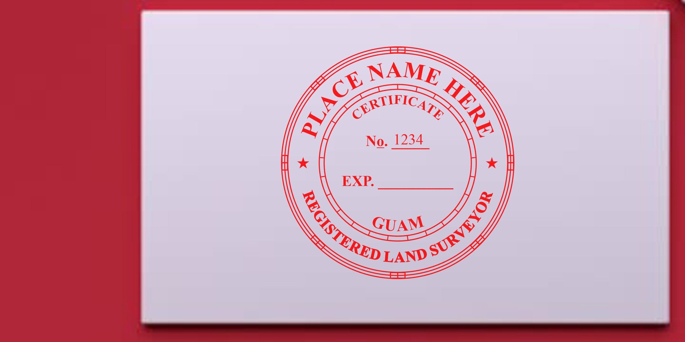 Red registered land surveyor stamp on white paper, meeting Guam land surveyor regulations and stamp requirements for official documents.