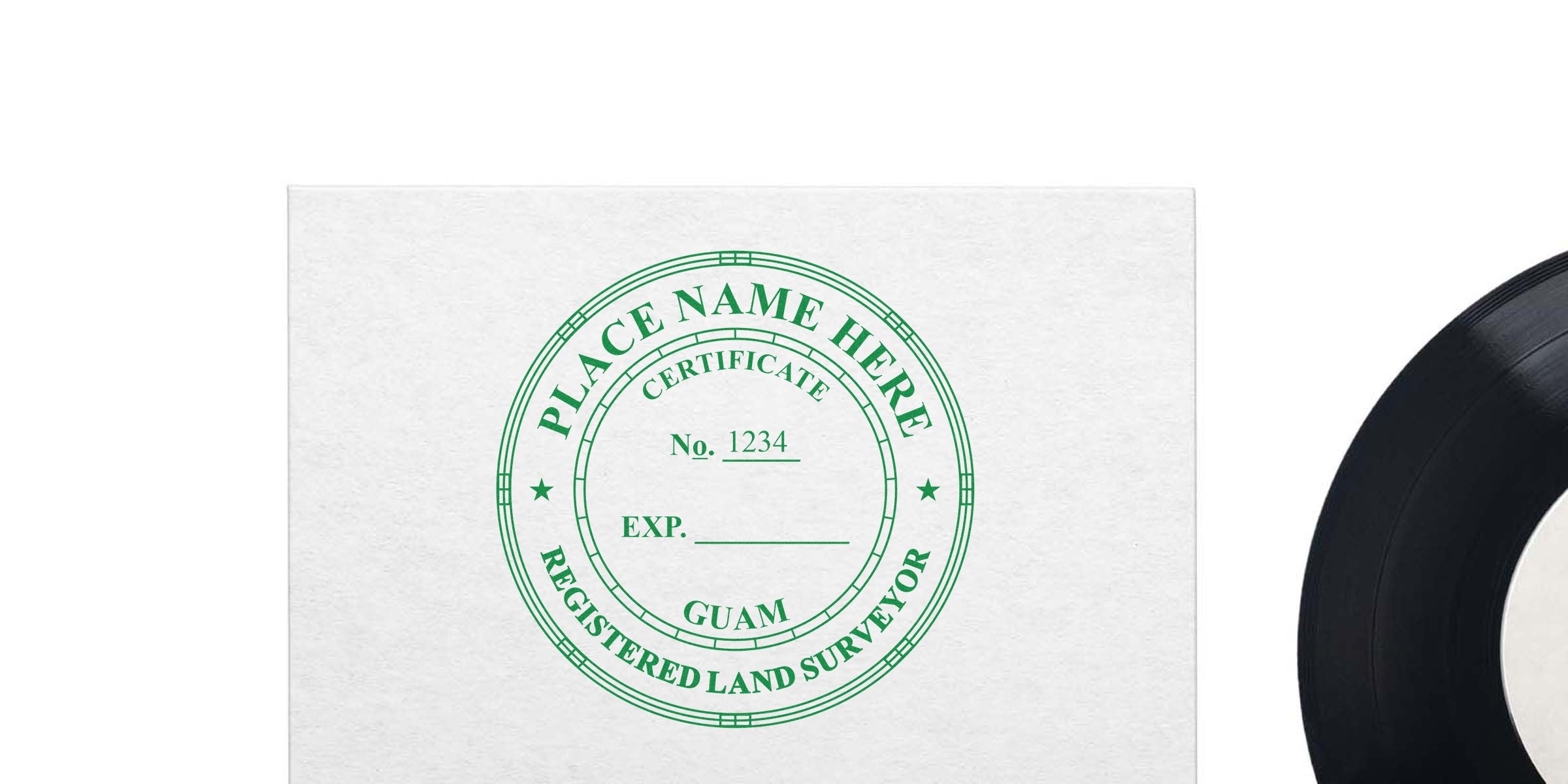 Guam land surveyor stamp certificate with place name and registration number on white paper next to a vinyl record, meeting Guam land surveyor stamp requirements.