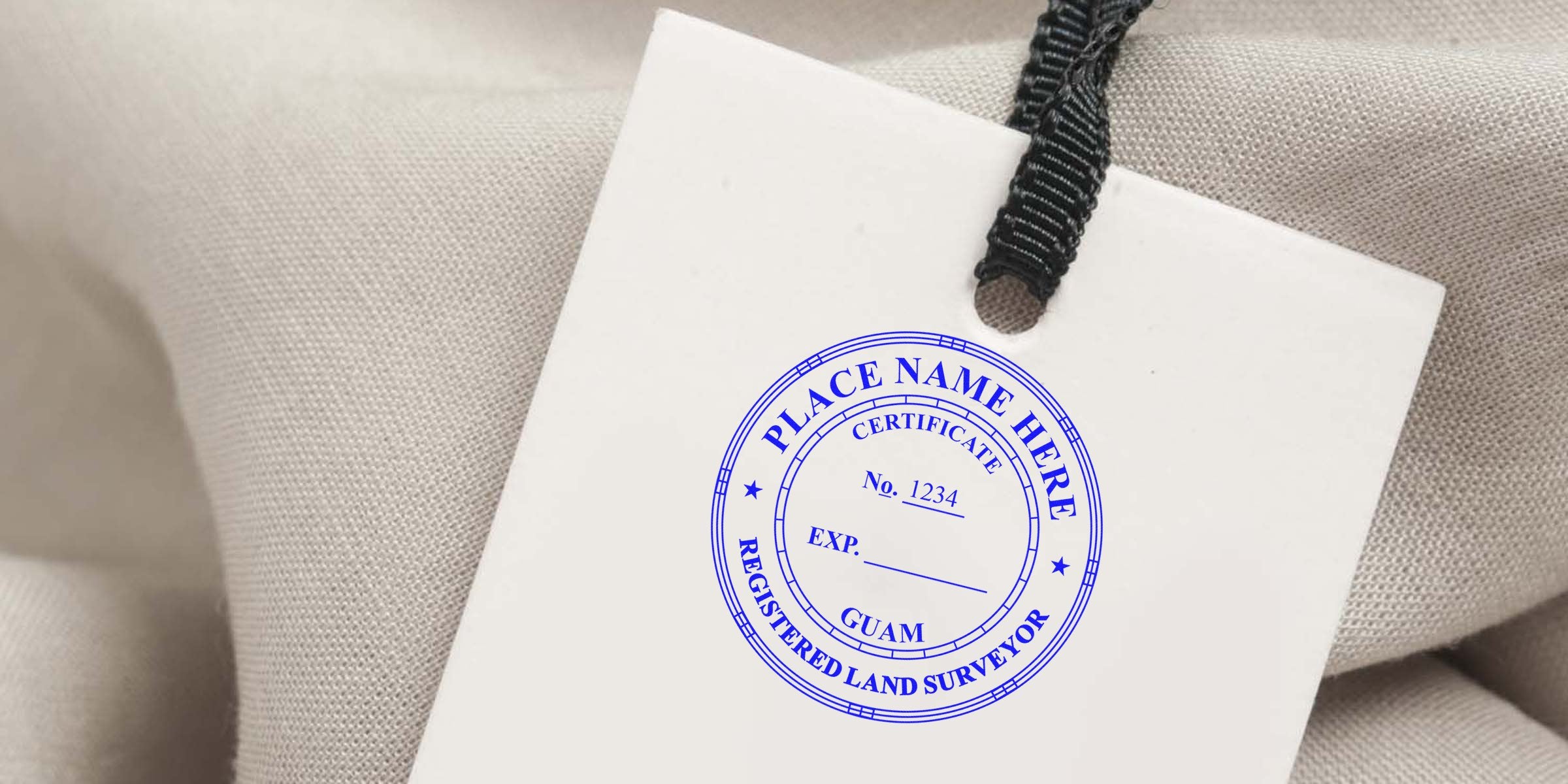 Guam land surveyor seal on certificate tag with fabric background, official certification stamp displaying surveyor seal size.