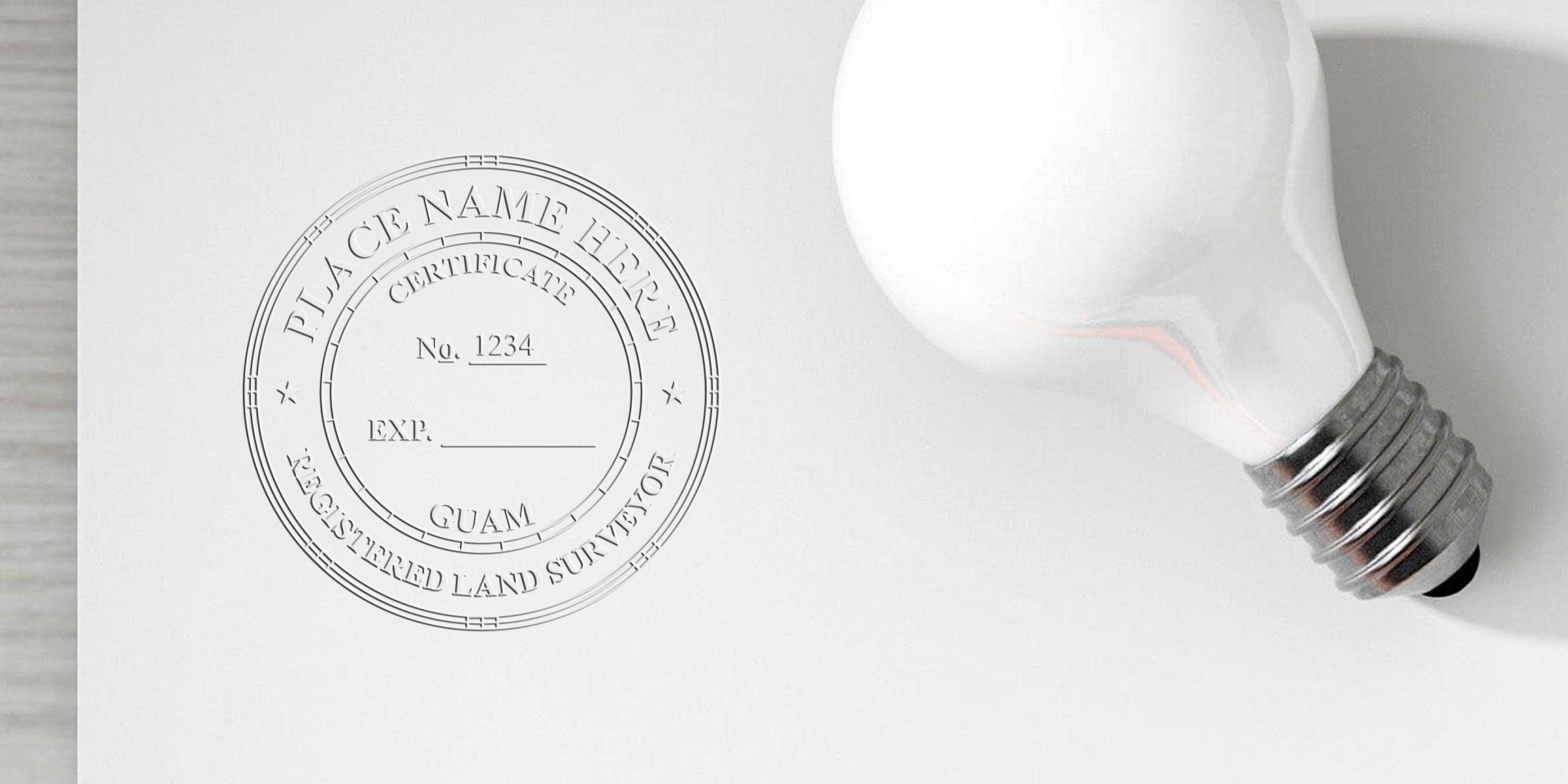Guam land surveyor seal stamped on white paper with a light bulb symbolizing surveying expertise and seal details.