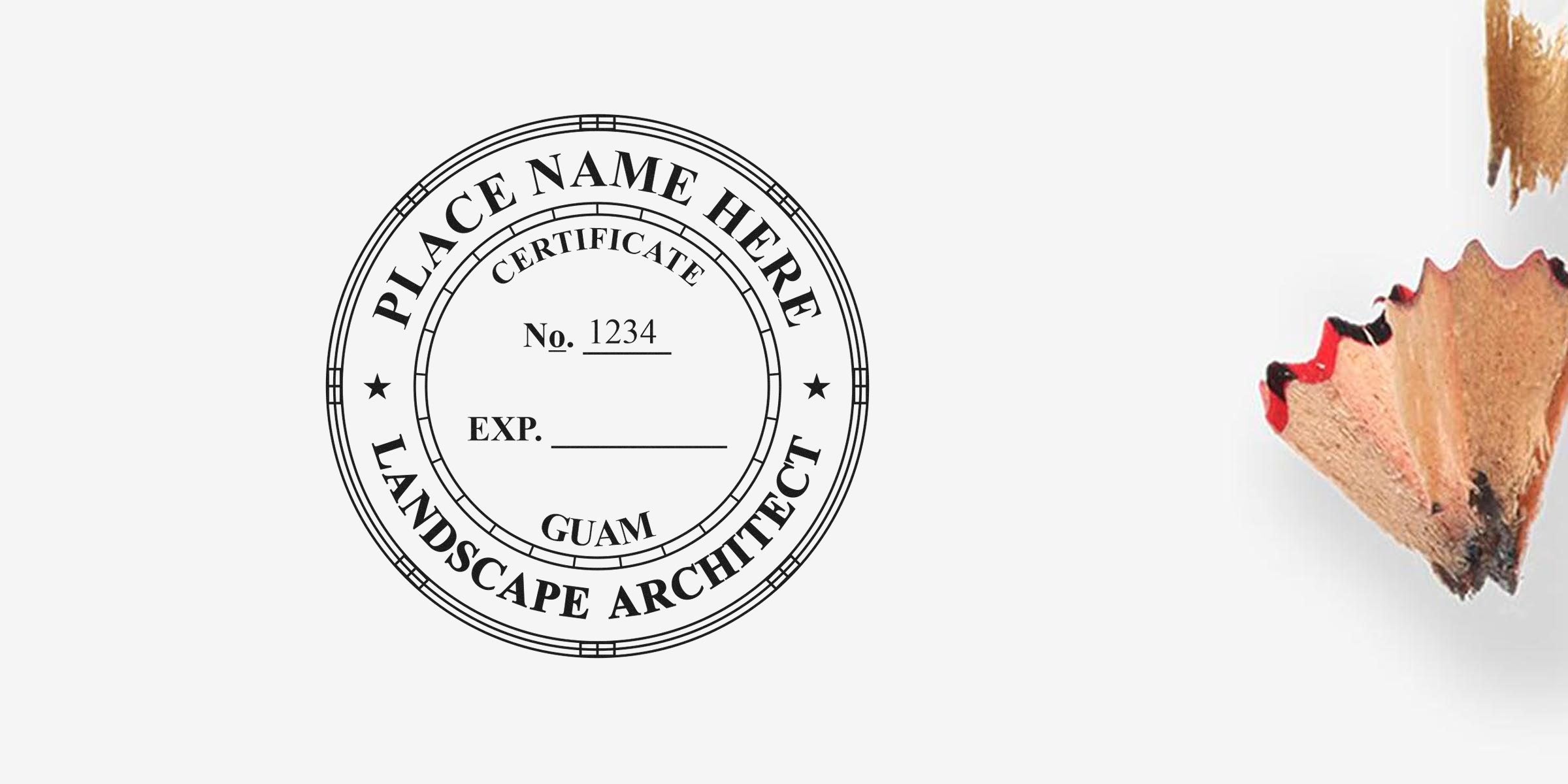 Landscape architect certificate stamp with pencil shavings on white, showcasing Guam landscape architecture design by Seal Makers Guam.