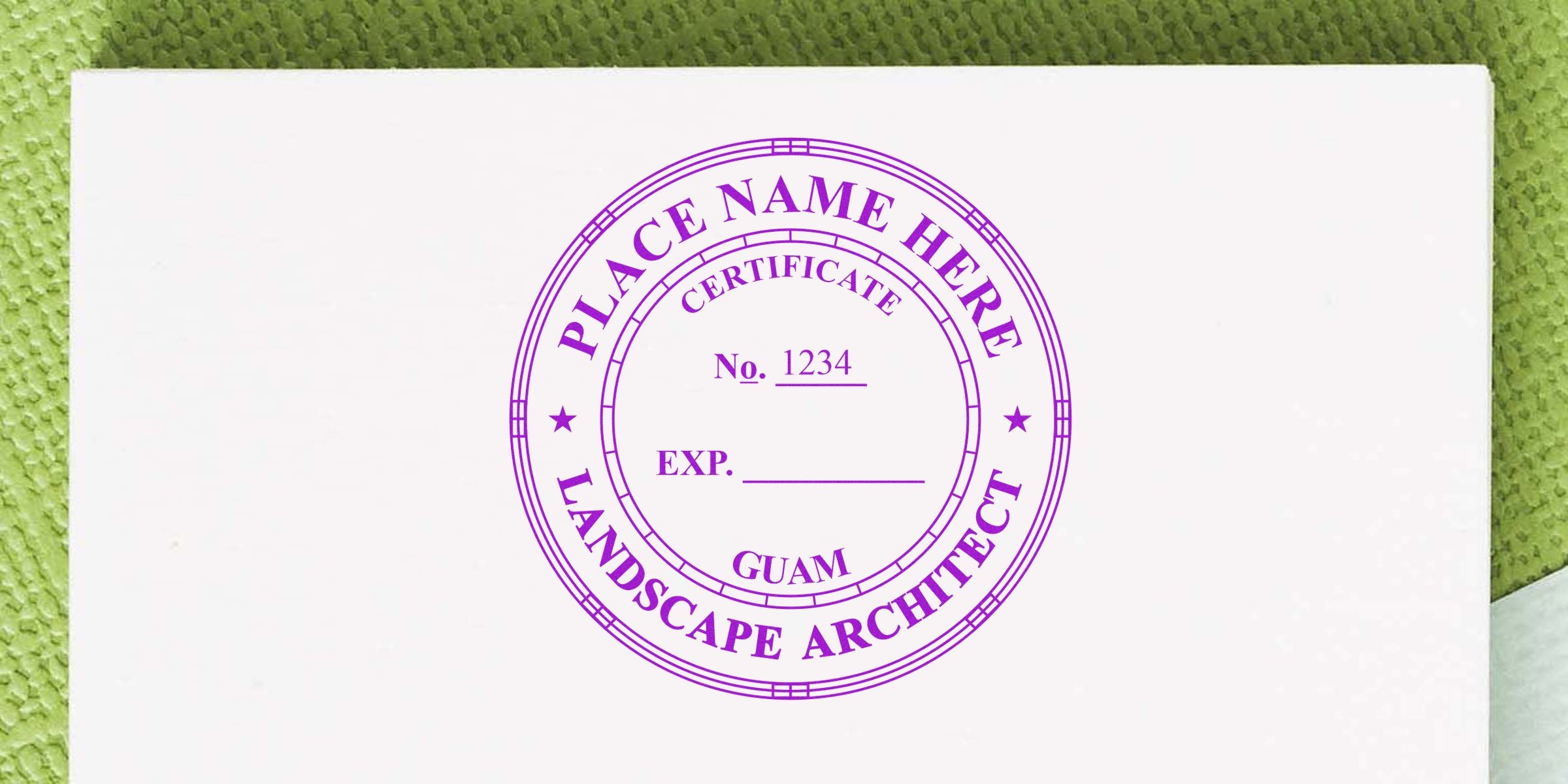 Purple landscape architect certificate stamp on white paper, showing place name and meeting Guam architect stamp rules and architectural regulations.