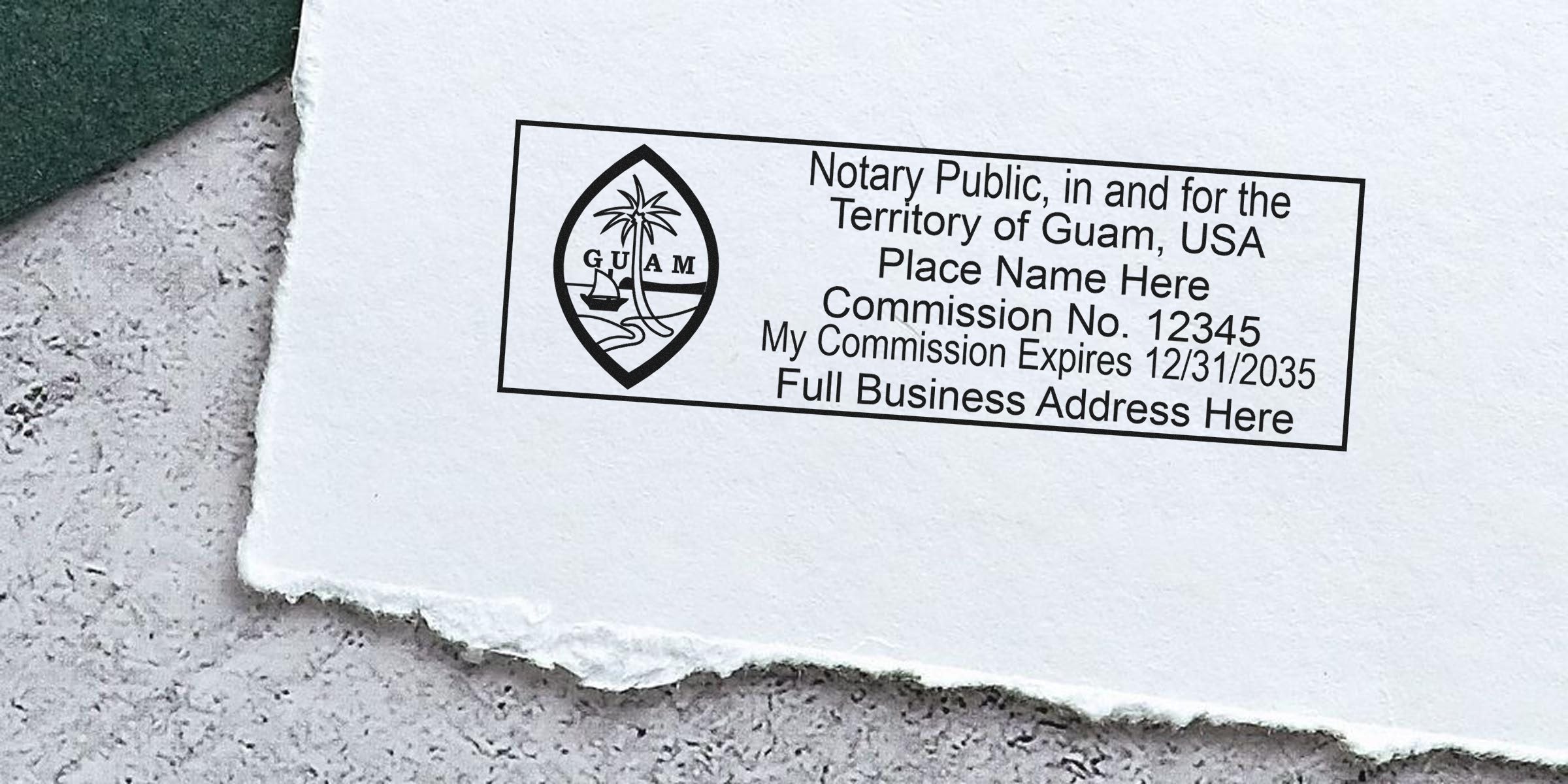 Guam notary public seal stamped on white paper with commission number and expiration date, shown in a notary seal buying guide.