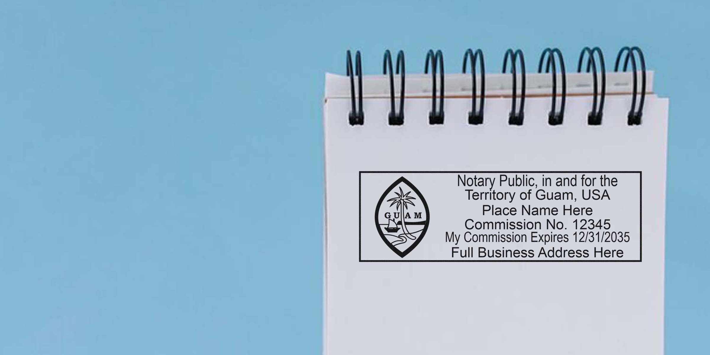 Notary Seal Guam shows a Notary Public stamp with commission number and expiration date on a spiral notebook, serving as the ideal Notary Seal Guide.