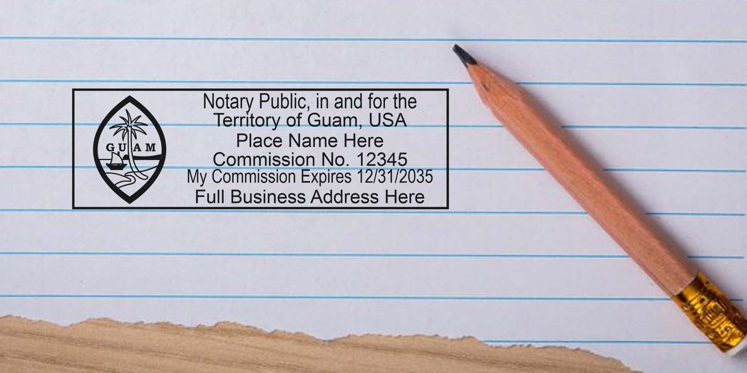 Territory of Guam notary public stamp with commission details, pencil on lined paper, highlighting Guam notary seal expiration and tracking information.