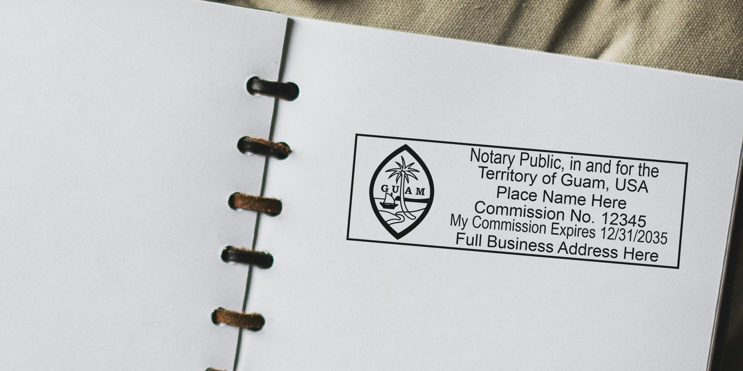 Notary Seal Guam on white paper displaying Guam Notary Services stamp, commission number, and business address.