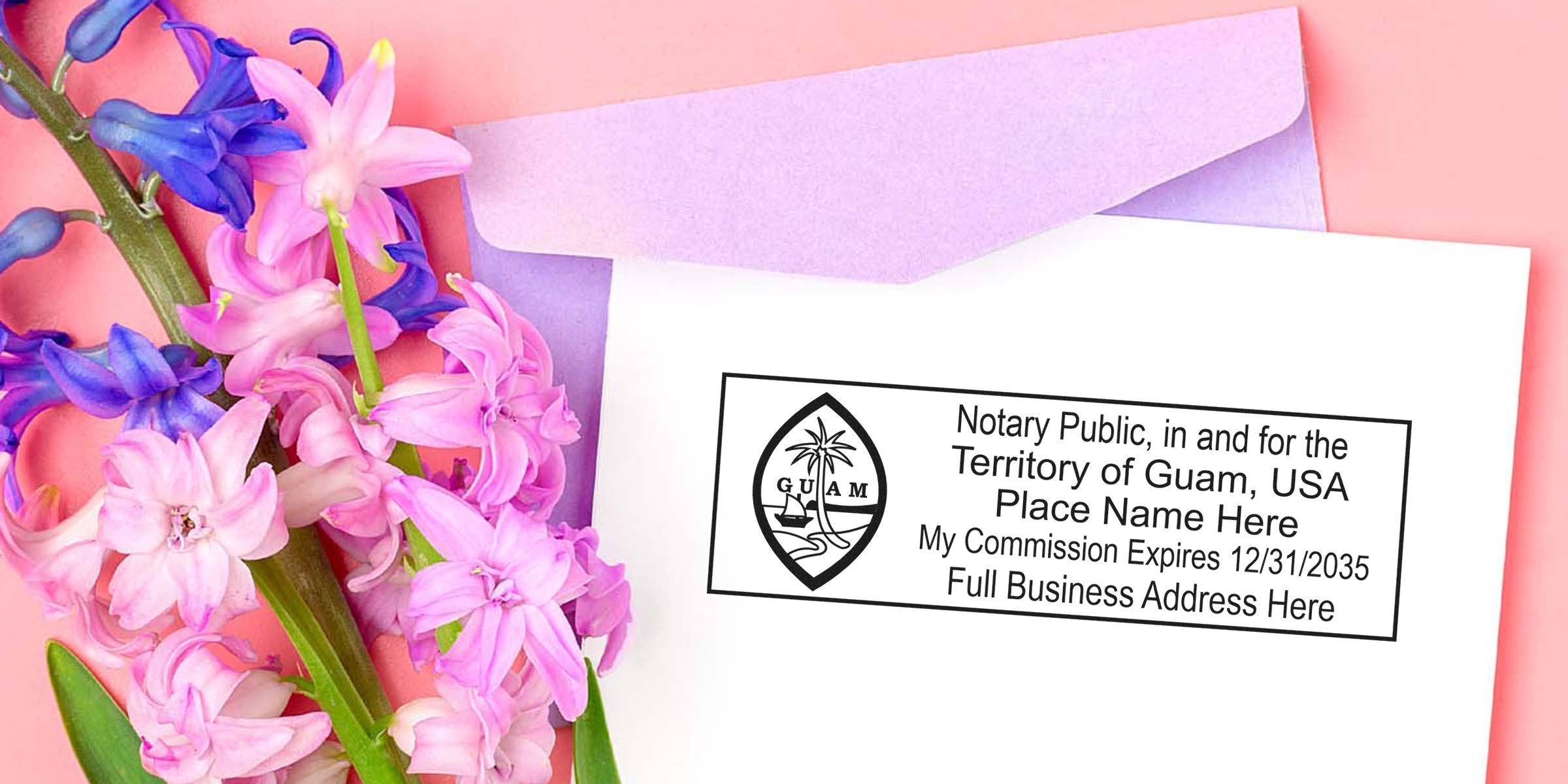 Notary public stamp on white envelope with pink and purple flowers, alongside Guam notary kit and quality supplies.