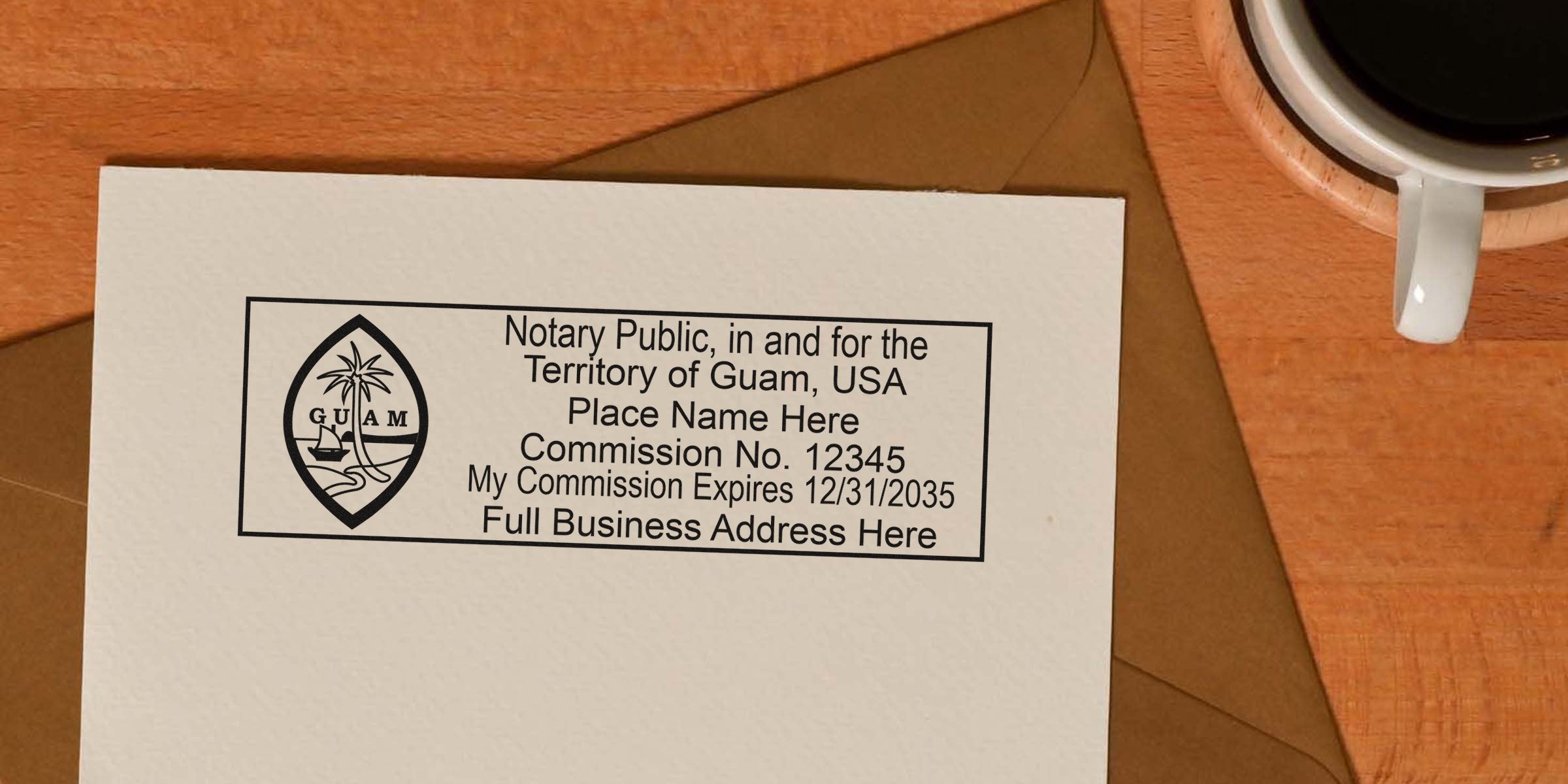 Guam notary stamp showing commission number and expiration date on paper next to coffee cup, highlighting Guam notary requirements.