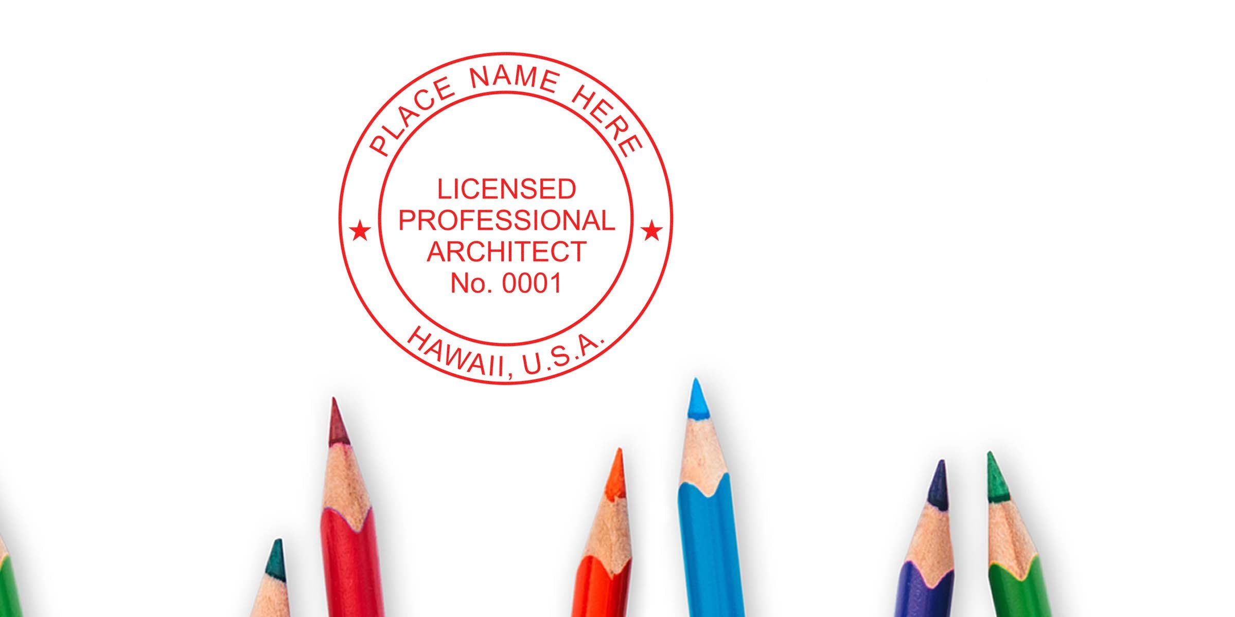 Licensed architect stamp in Hawaii with colorful pencils, emphasizing Hawaii architect license renewal and stamp expiration for architectural design and drafting tools.
