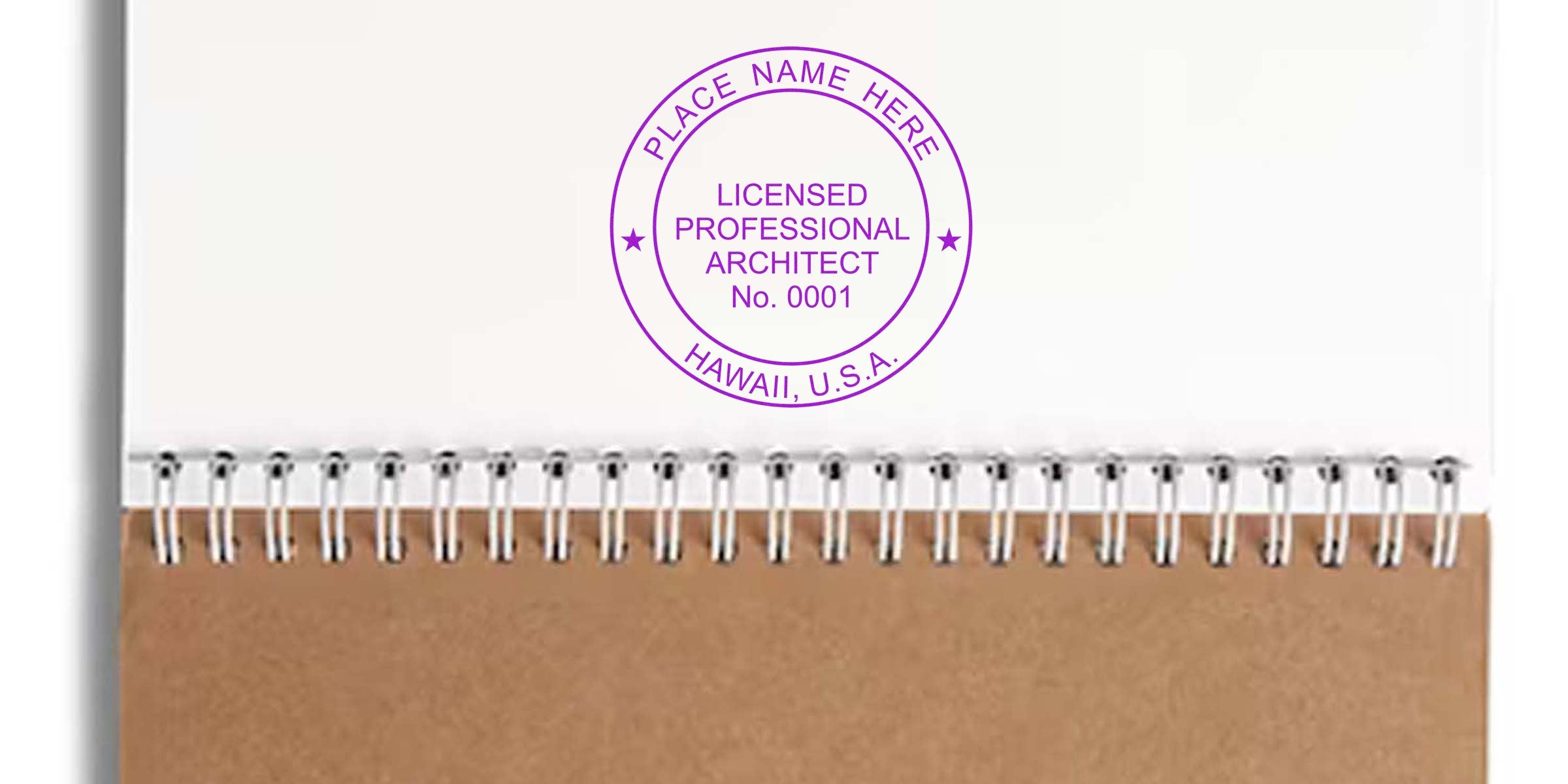 Licensed architect stamp on spiral notebook, official Hawaii architect seal, certification stamp design, highlighting Hawaii architect stamp costs and affordable architect fees.