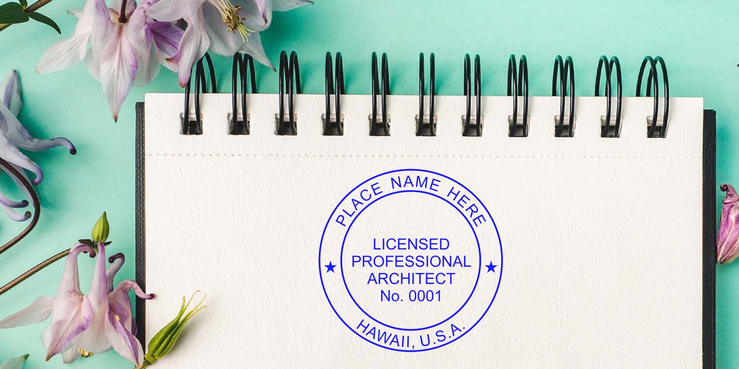 Licensed Hawaii architect stamp on notebook with tropical flowers, featuring certification seal design and online architect certification.