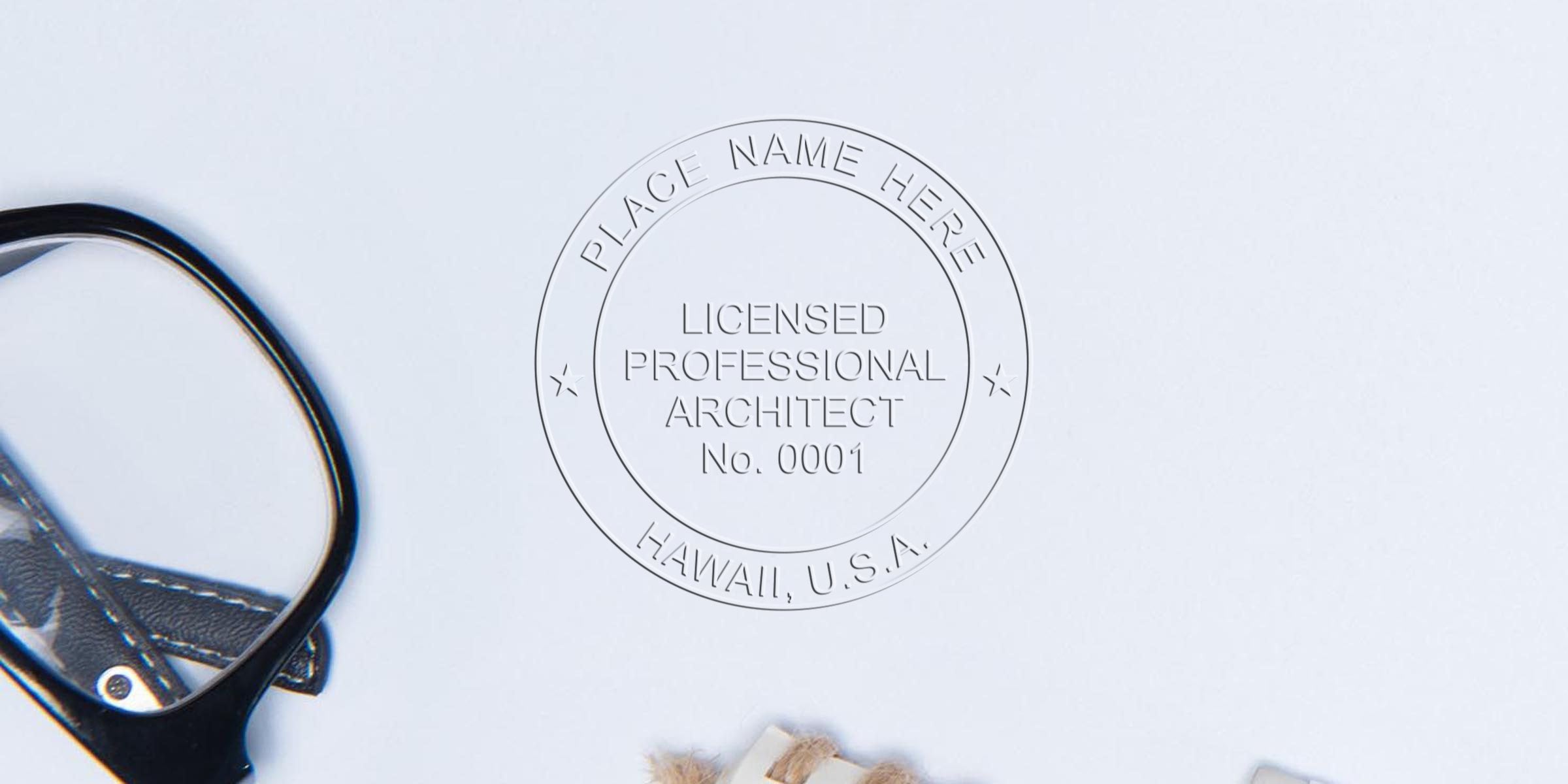 Licensed architect stamp on white paper with magnifying glass and leather strap, related to Hawaii architect seal and license renewal.