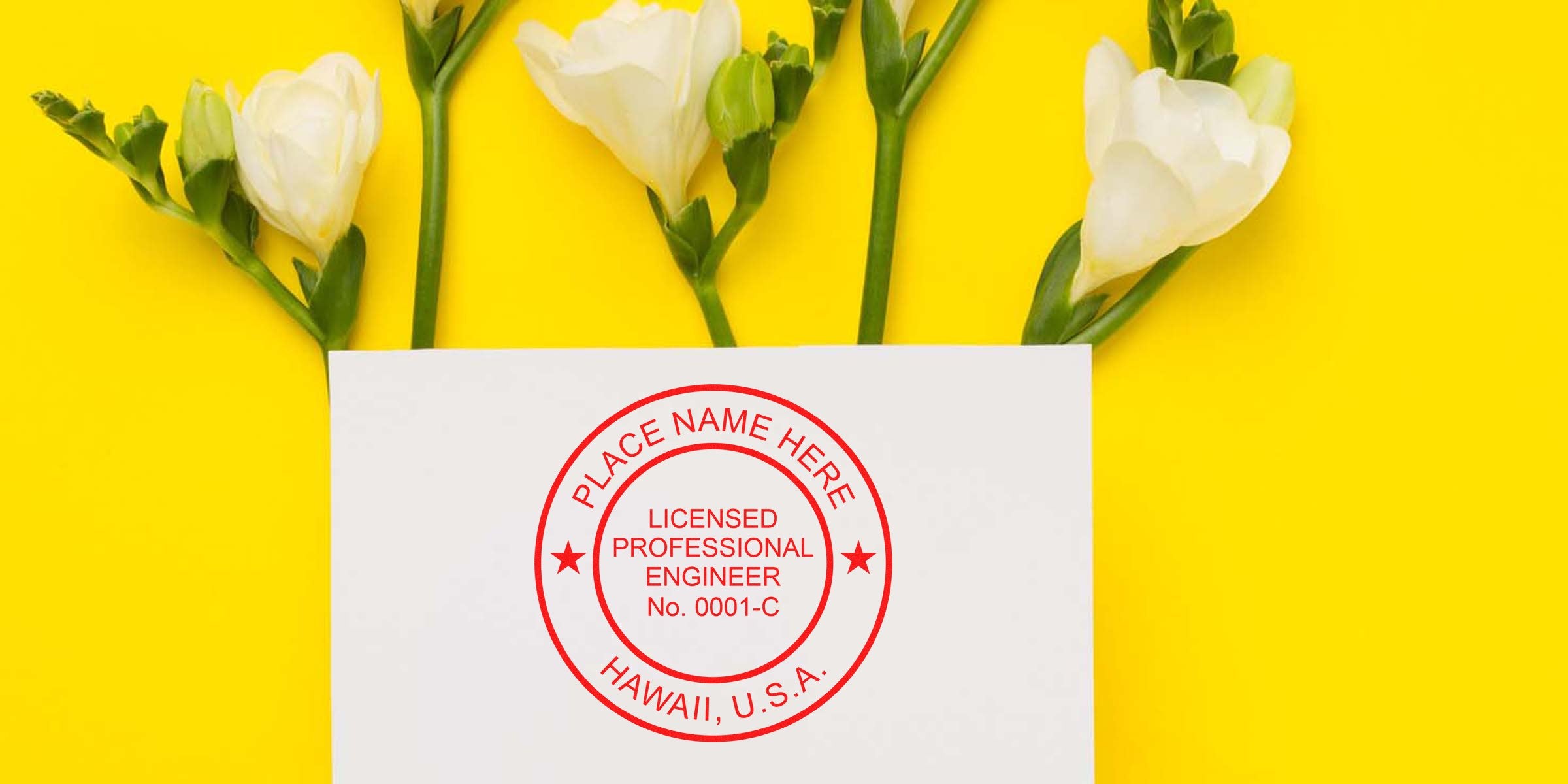 Hawaii PE Seal Embosser stamping a licensed engineer seal on white paper, framed by white flowers on a yellow background, showcasing the advantages of embossers.