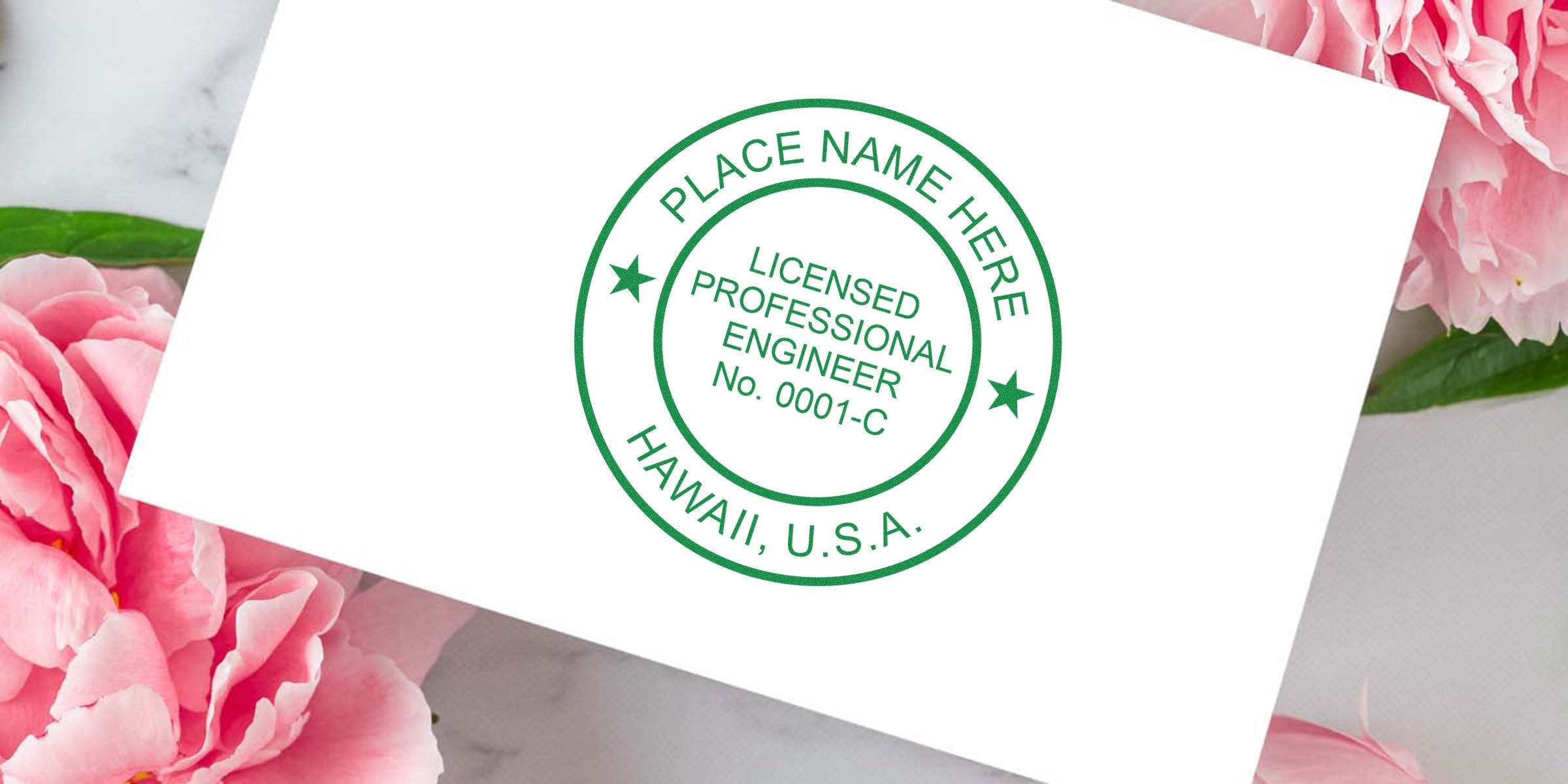 Hawaii PE Stamp on white paper with pink flower background, licensed professional engineer stamp, purchase PE stamp online.