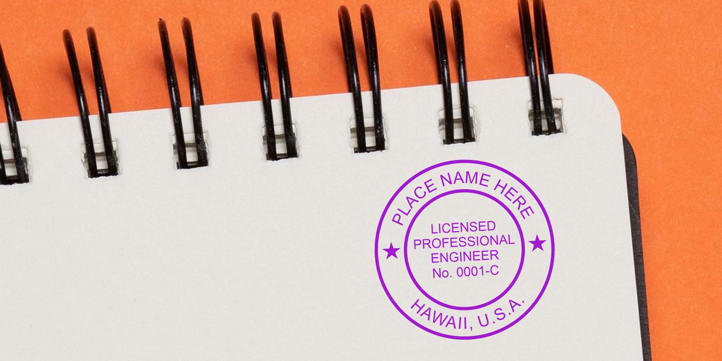 Spiral notebook with Hawaii PE seal of licensed professional engineer on white page, following PE seal guidelines, set against an orange background.