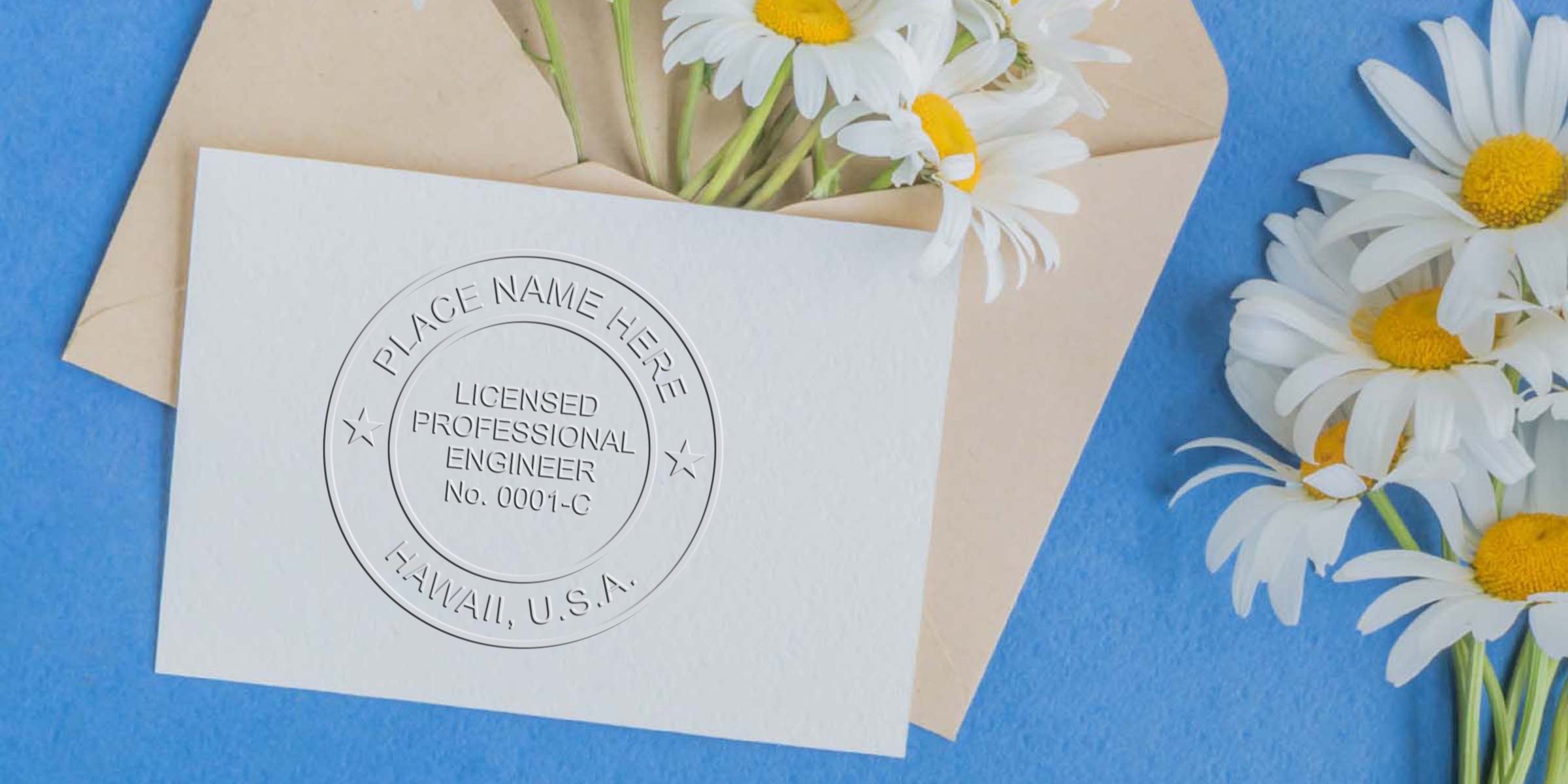 Hawaii PE Seal embossed on white card with daisies, envelope on blue background, symbolizing Engineer Certification.