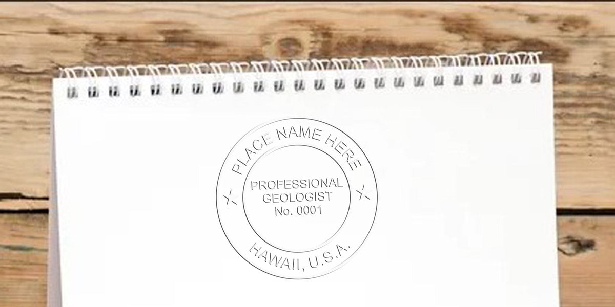 Professional Geologist stamp on white paper with wooden background, featuring custom Hawaii Geologist License seal and license stamp template.