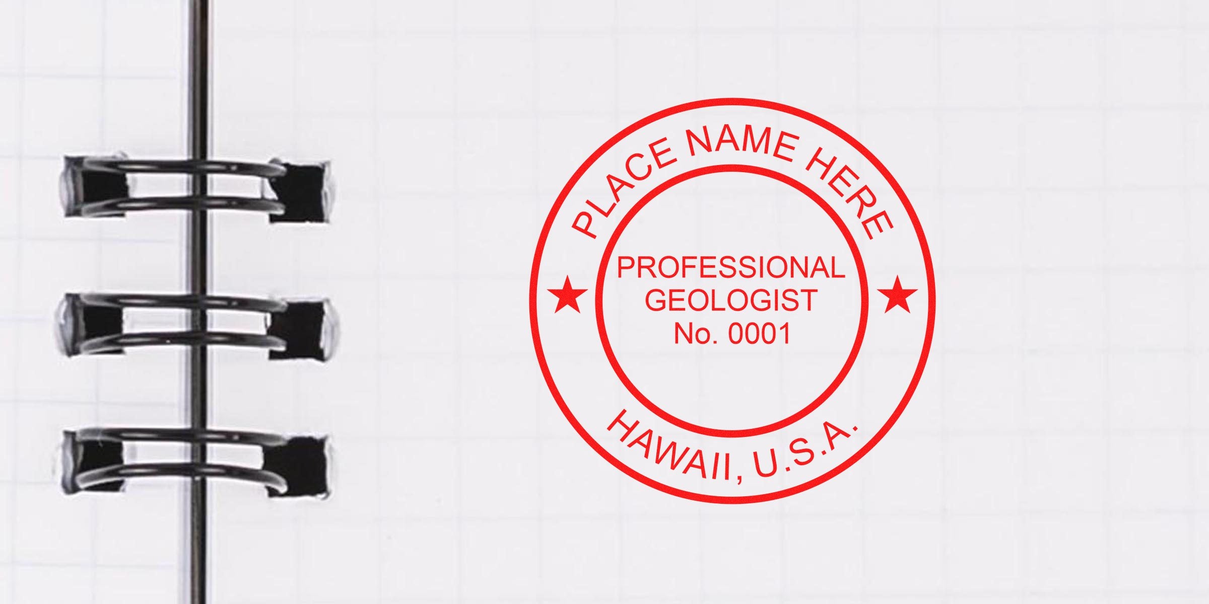 Red geologist stamp on white spiral notebook page, Hawaii geology certification seal, USA.