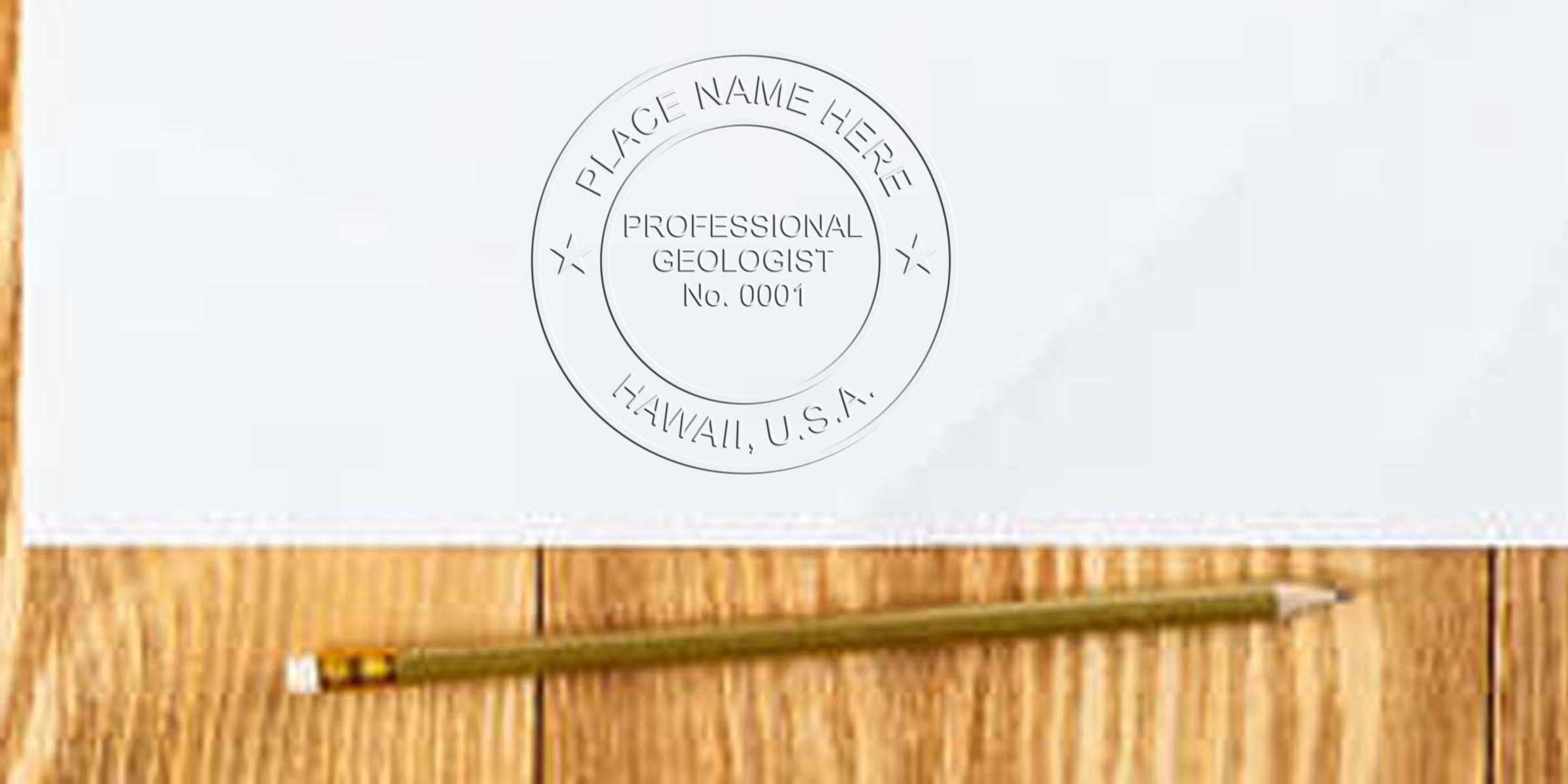 Hawaii geologist stamp on paper with pencil on wooden table, displaying geology certification seal and meeting Hawaii geologist stamp standards, USA.