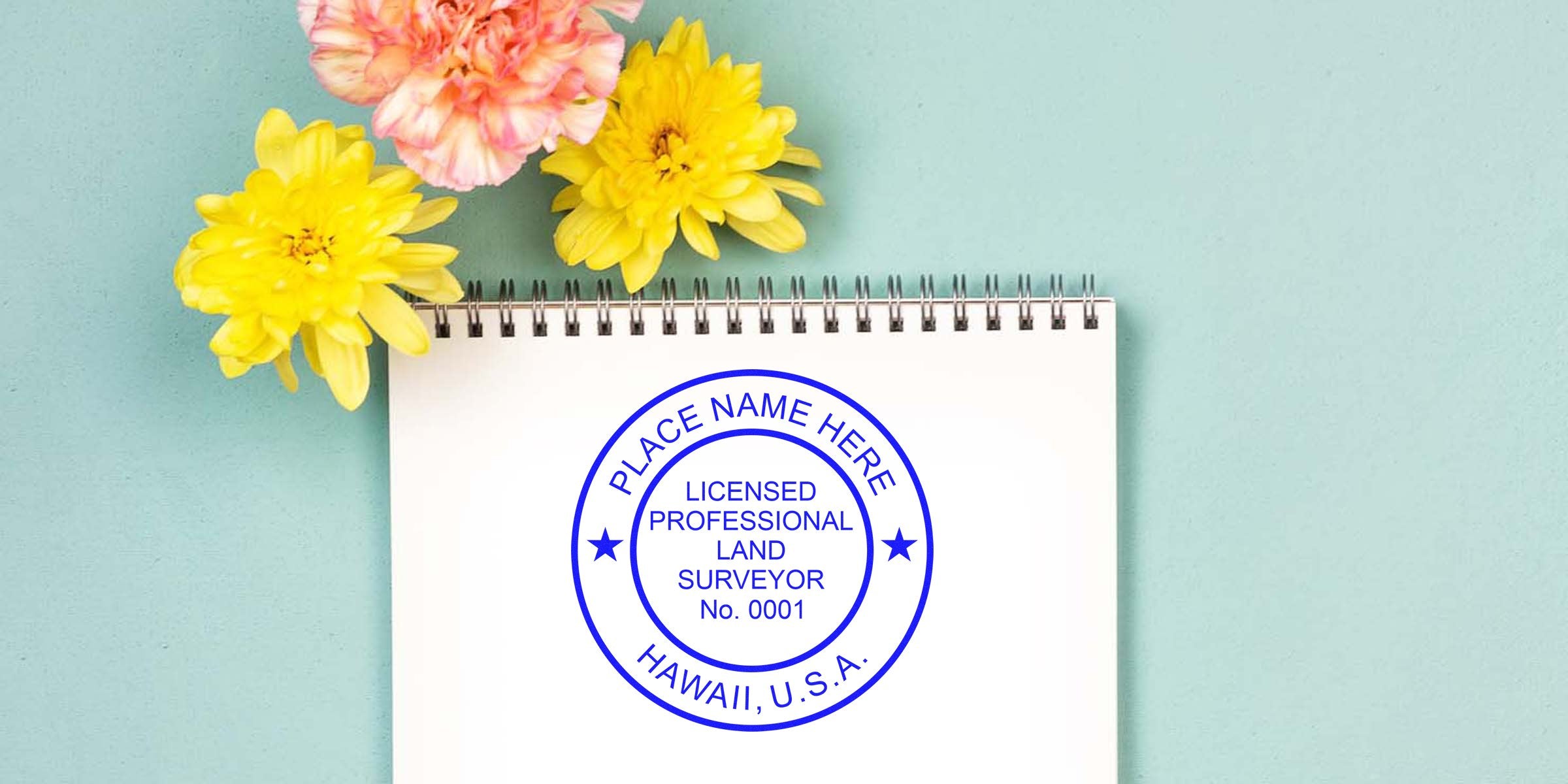 Hawaii land surveyor stamp on notebook with flowers, displaying licensed professional certification and land surveyor requirements in Hawaii, USA.