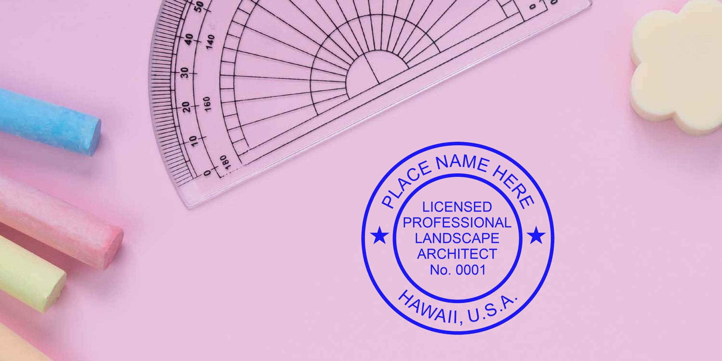 Hawaii landscape architect stamp on pink background with colorful chalk and protractor, showing certification stamp specifications.