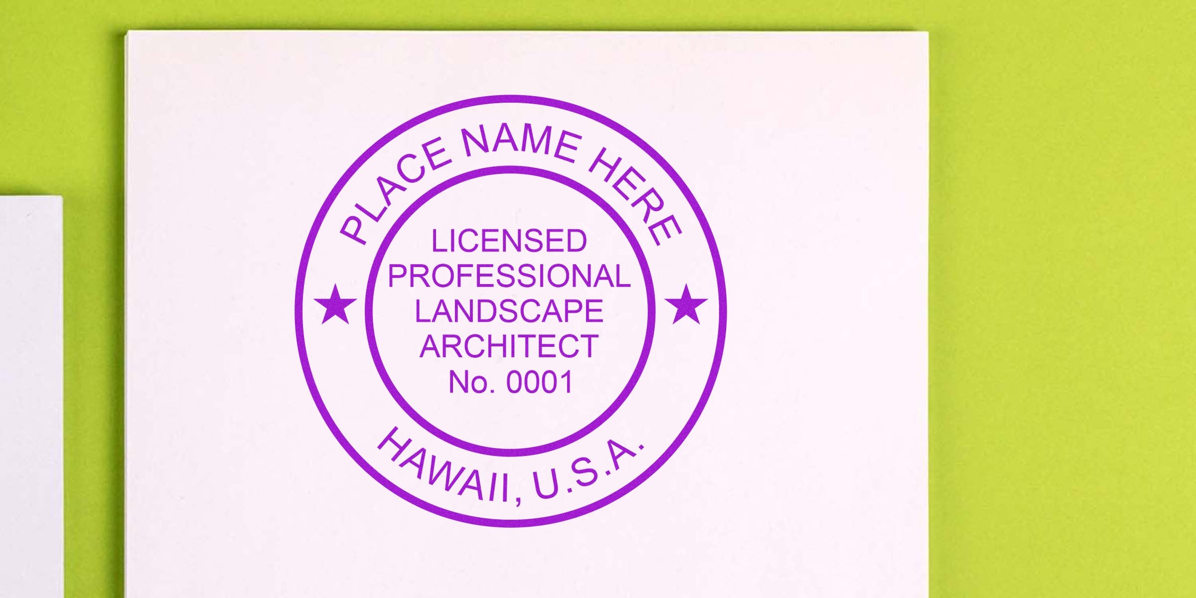 Licensed Hawaii landscape architect seal embossing stamp on white paper, USA.